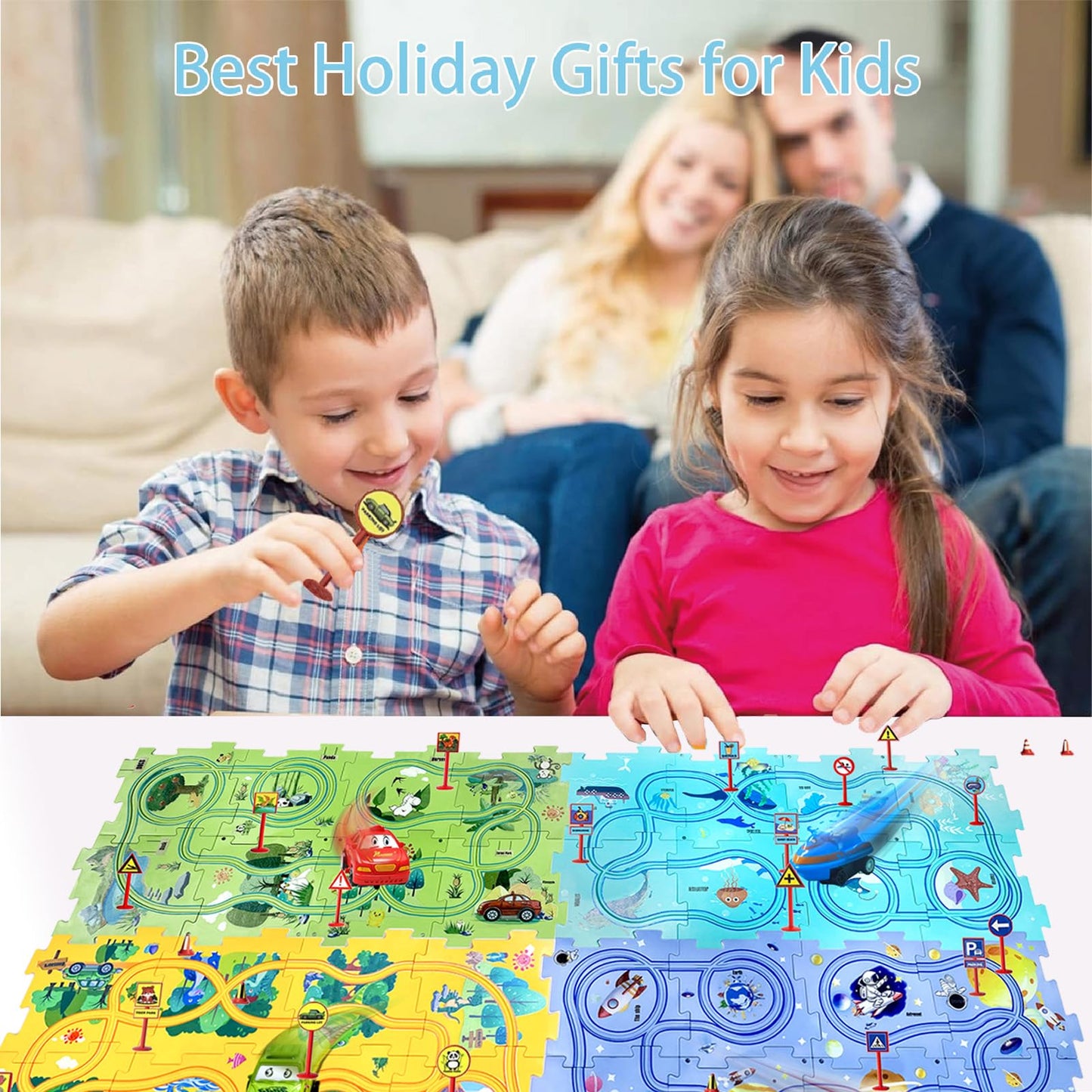 Ubegger Puzzle Racer Kids Car Track Set Educational Puzzle Track Car Play Set Rail Car Puzzle with Battery-Operated Toy Vehicle & Puzzle Board for Kids Ages 3+ (5PCS, 4 Style)