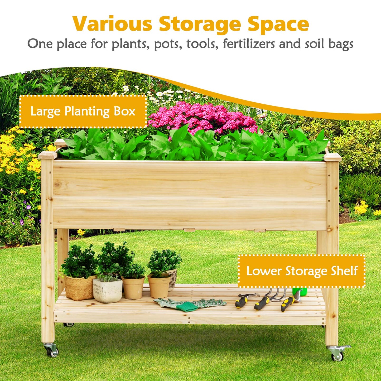 Giantex Raised Garden Bed on Wheels, Wood Planter Box with Legs, Liner, Drain Holes, Elevated Garden Bed for Vegetables, Standing Garden Container for Backyard, Patio, 47.5" LX 23.5" WX 33" H