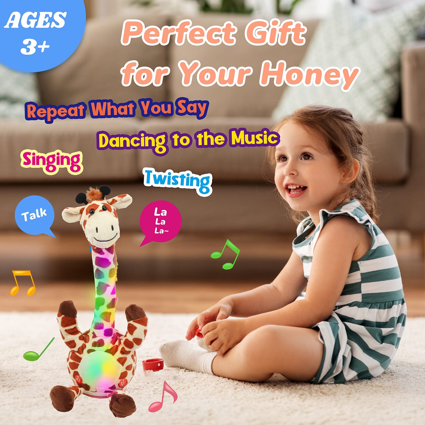 Hopearl Glowing Dancing Giraffe Toy Repeats What You Say Talking Toy Wriggle Singing Mimicking Twisting Electric Light Up Interactive Animated Speaking Gift for Kids, Brown, 13''