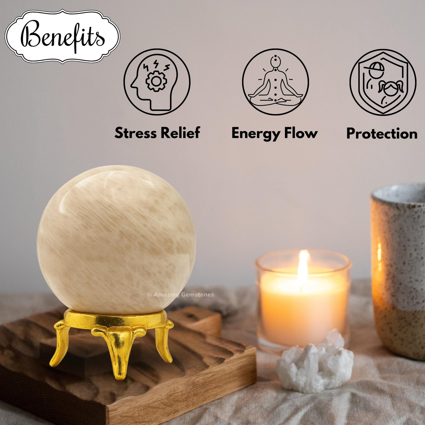 Amazing Gemstone Cream Moonstone Crystal Ball with Stand - 2 Inches Crystal Sphere Meditation Balls for Witchcraft and Decorative Balls