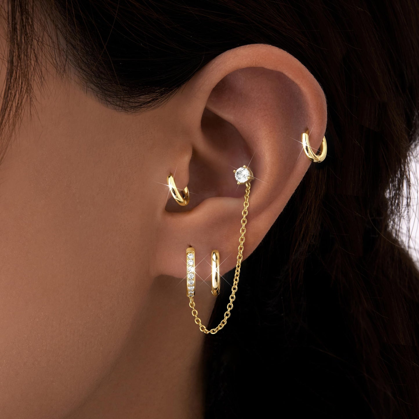 Gold Chain Hoop Stud Earrings for Women, Huggie Small Stack Cartilage Chain Hoop Stud Earring Sets for Multiple Double Piercing, Conch Helix Rook Tragus Daith Piercing Clip On Jewelry Set Gifts for Women