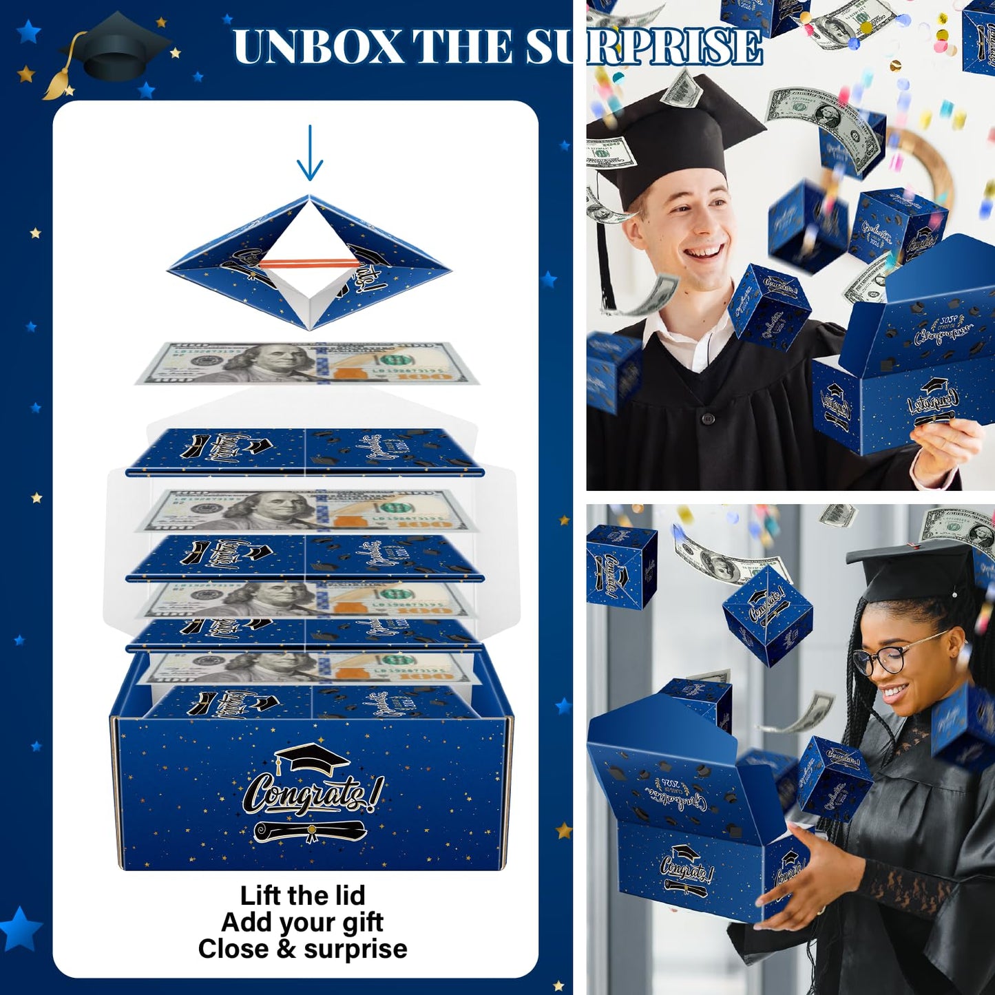 Lyforpyton 2026 Graduation Surprise Explosion Gift Box , DIY Grad Cash Folding Bouncing Gift Box , 15 Pcs Graduation Pop Out Folding Bounce Money Gift Box with Confetti , Suitable for Party Gifts for Graduates ( Blue )