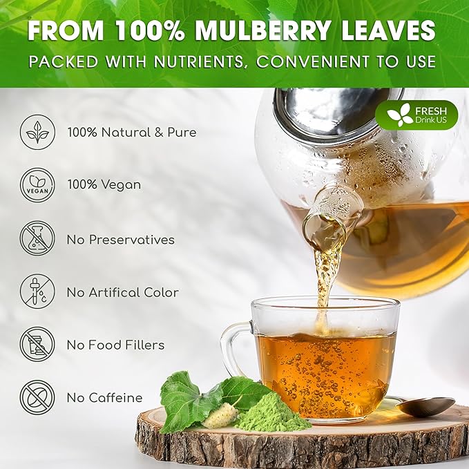FreshDrinkUS, Premium 8oz Mulberry Leaf Powder, 100% Natural and Pure from Mulberry Leaves, Perfect for Tea, Smoothies, Baked Goods, Natural Food Coloring, No Additives, No Gluten, No Sugar, Vegan