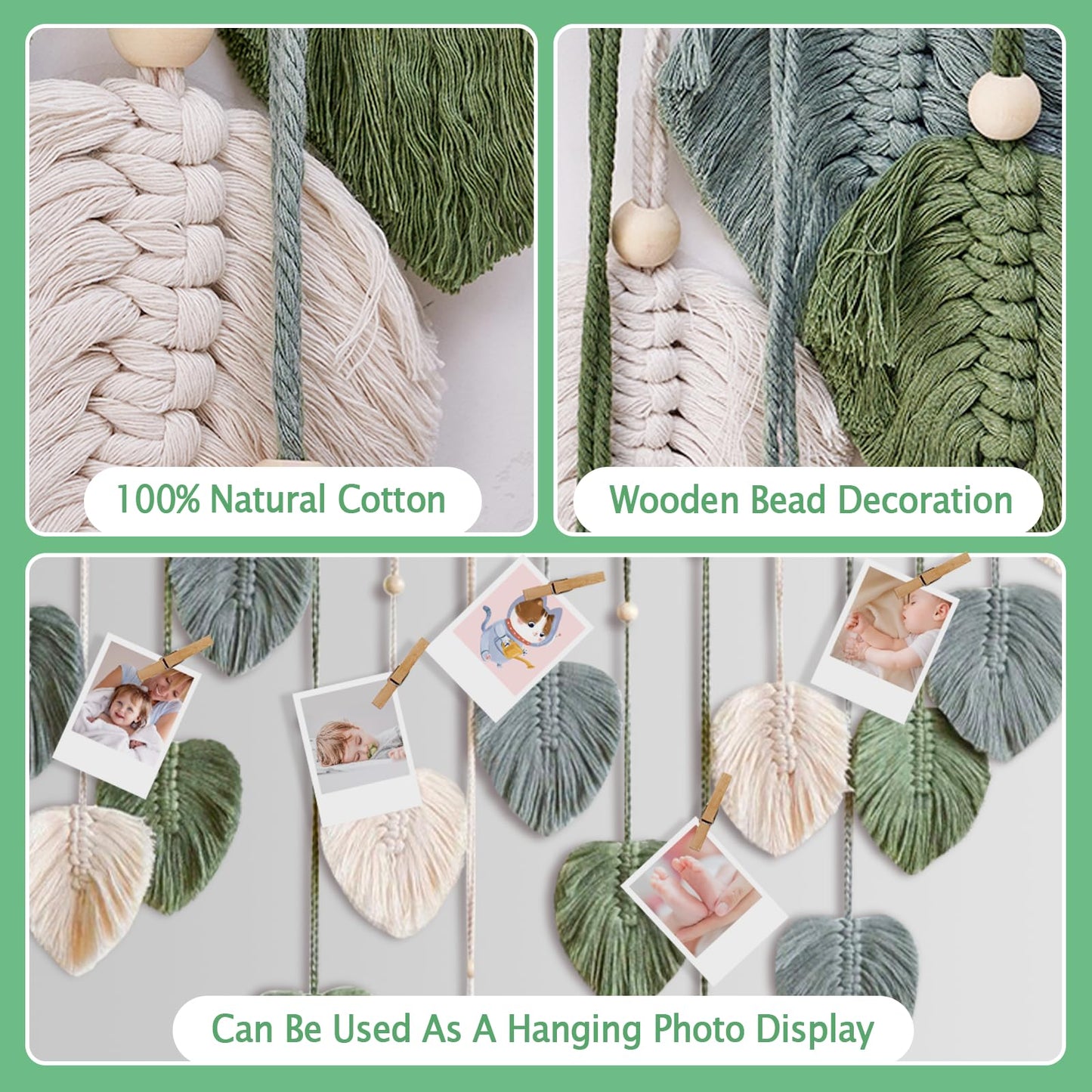Urbun Macrame Leaves Wall Hanging -Large Chic Feather Boho Macrame Wall Decor Leaf Hanging Photo Display Handmade Woven Wall Art Leaf Tapestry for Nursery, Bedroom, Living Room, 29.5 x47.3 Inch