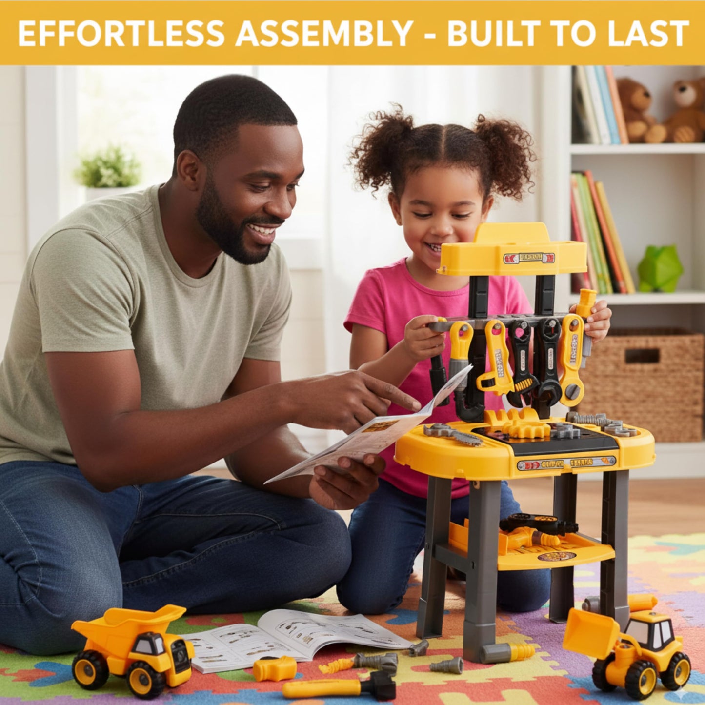 Toddler Workbench & Tool Set with Battery-Operated Drill - Includes 2 Big Take-Apart Trucks & Realistic Tools, Construction Tool-Bench Toy for Kids 3-5, Toolbox Gift for Boys 3 4 5 Years Old