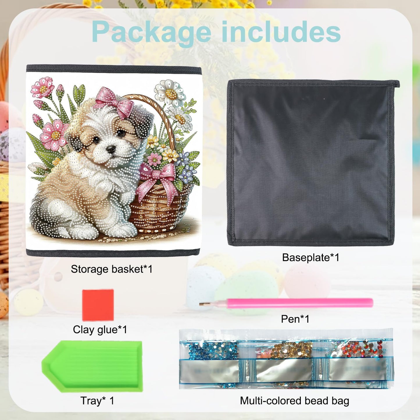 JZHYOAN Dog Diamond Art Large Storage Basket with Baseplate, Foldable Dispenser Cubes, DIY Special Pattern Large Storage Cubes, Living Room Bedroom Home Office Organization Box