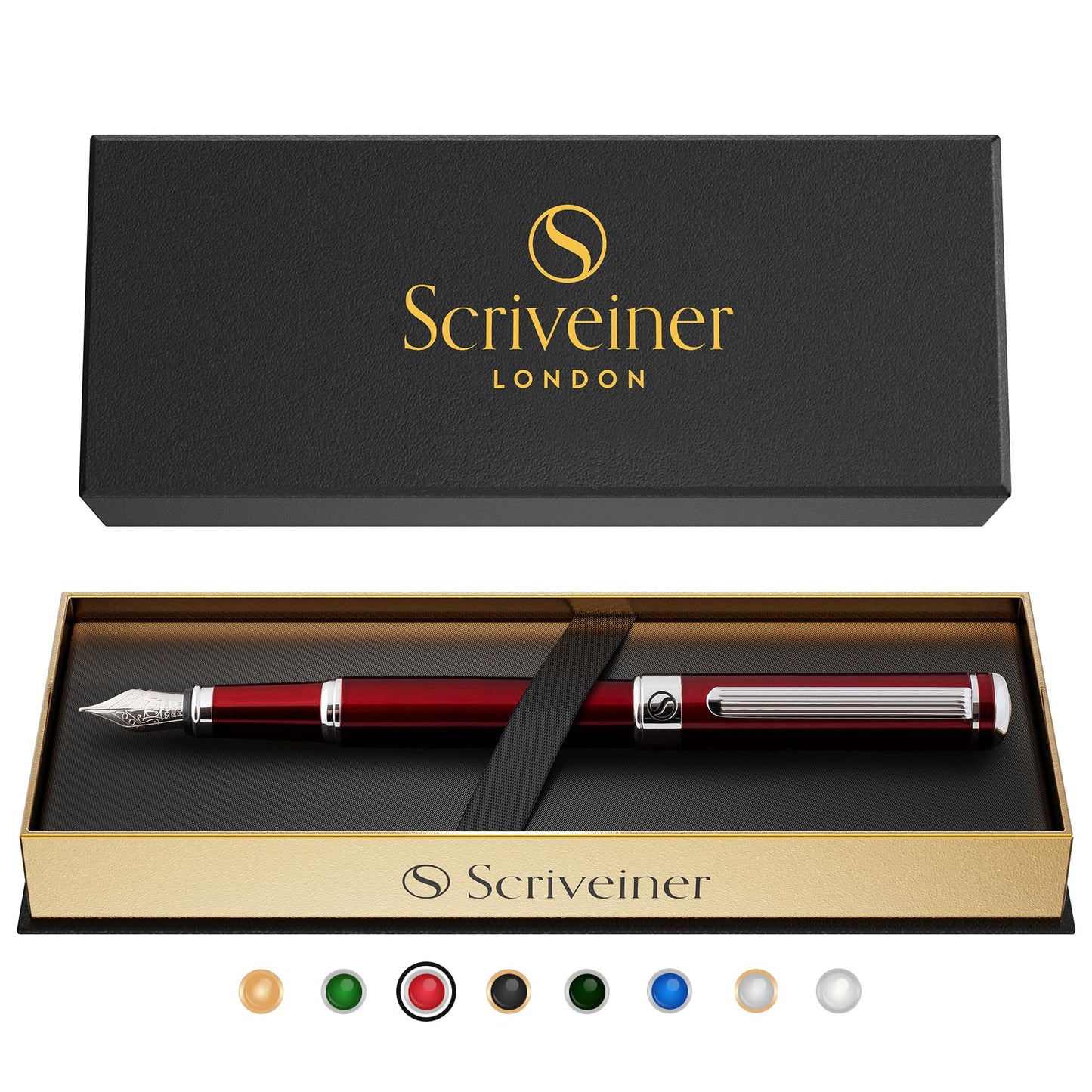 Scriveiner Deep Crimson Red Fountain Pen - Stunning Luxury Pen with Chrome Finish, Schmidt Nib (Medium), Best Pen Gift Set for Men & Women, Professional, Executive, Office, Nice Pens