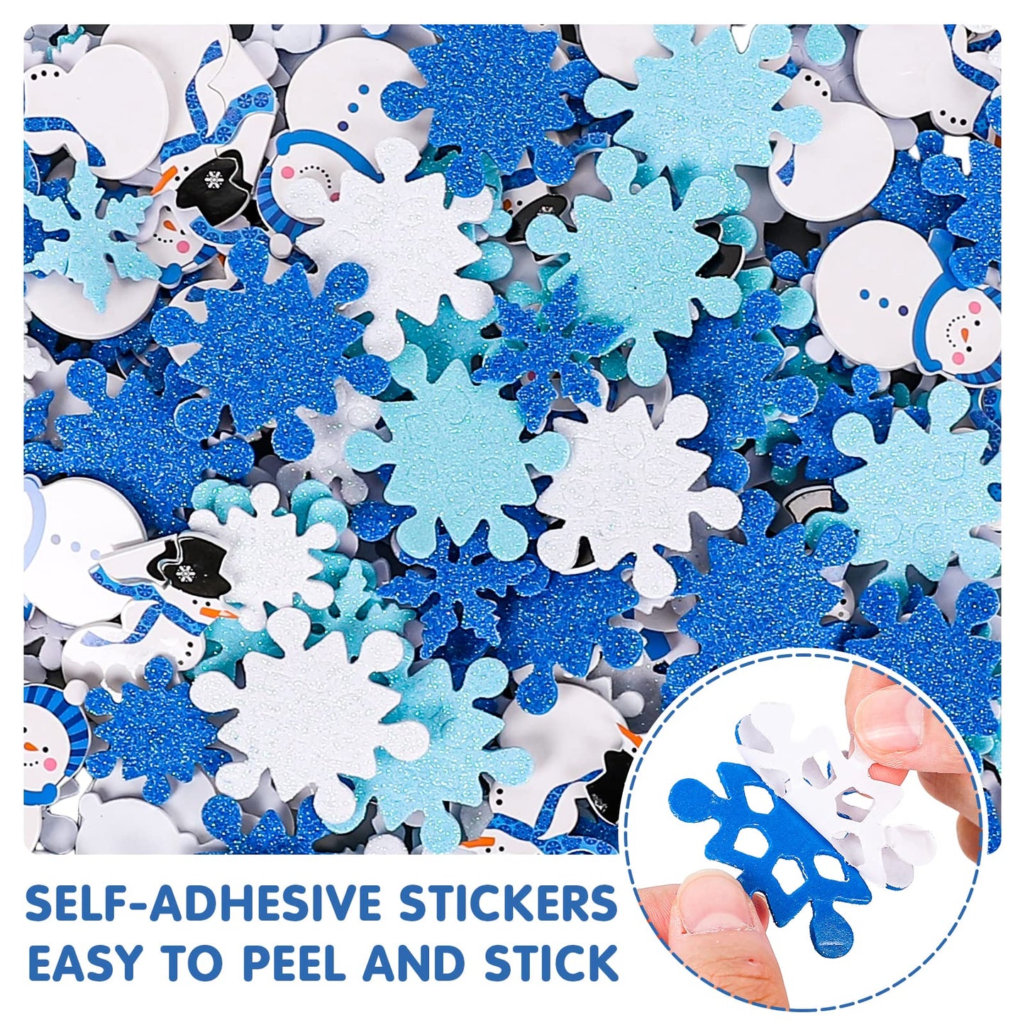 Whaline Winter Glitter Foam Sticker Kit 350Pcs Blue White Snowflake Snowman Foam Stickers Self-Adhesive Sticker Decals for Christmas Party Decor Winter DIY Crafts