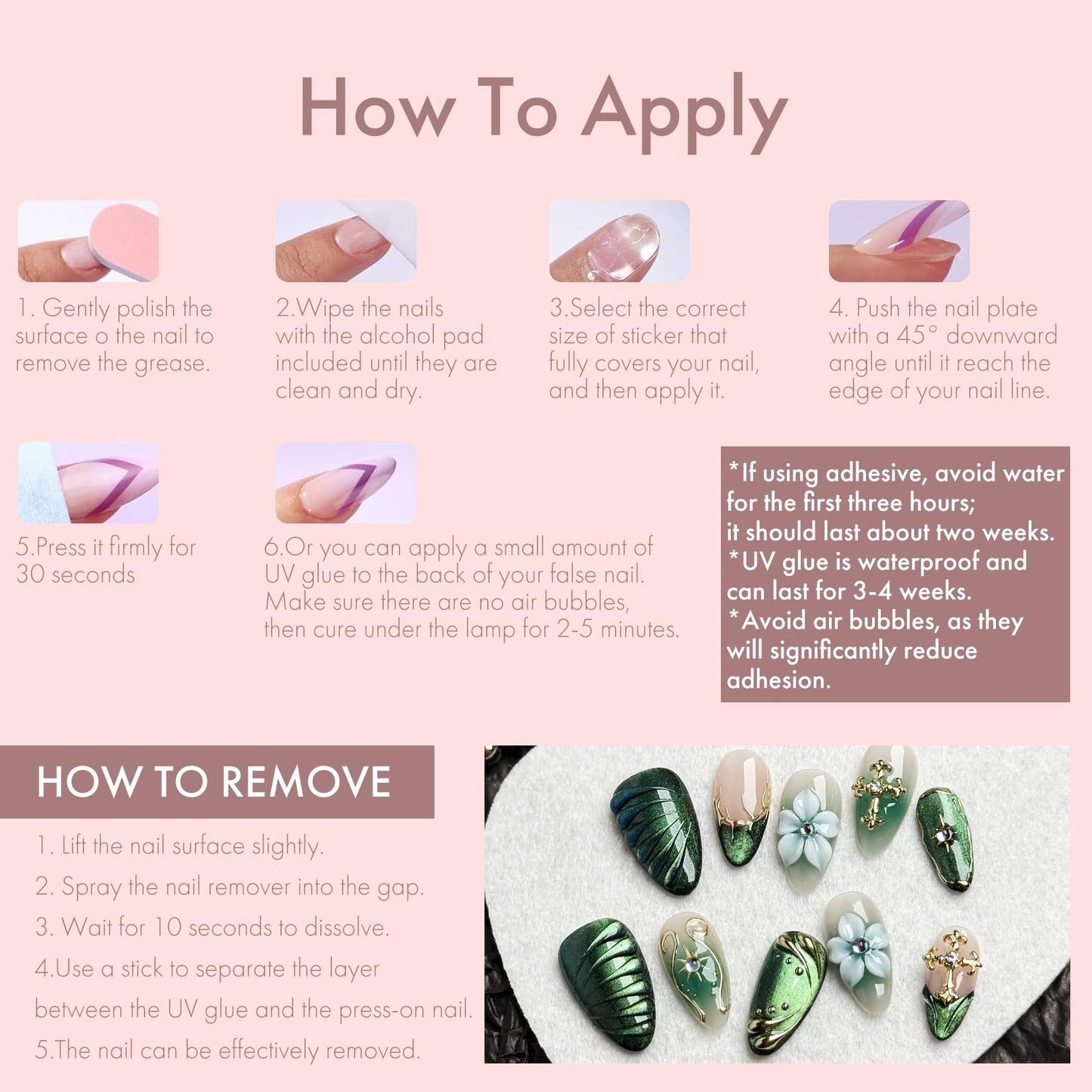 Green Leaf Fake Nails Press on Set, 10PCS with Floral Accents & Crystal Decorations, Includes Glue Tools Storage Box, Artistic Manicure Set for Special Events (green, S)