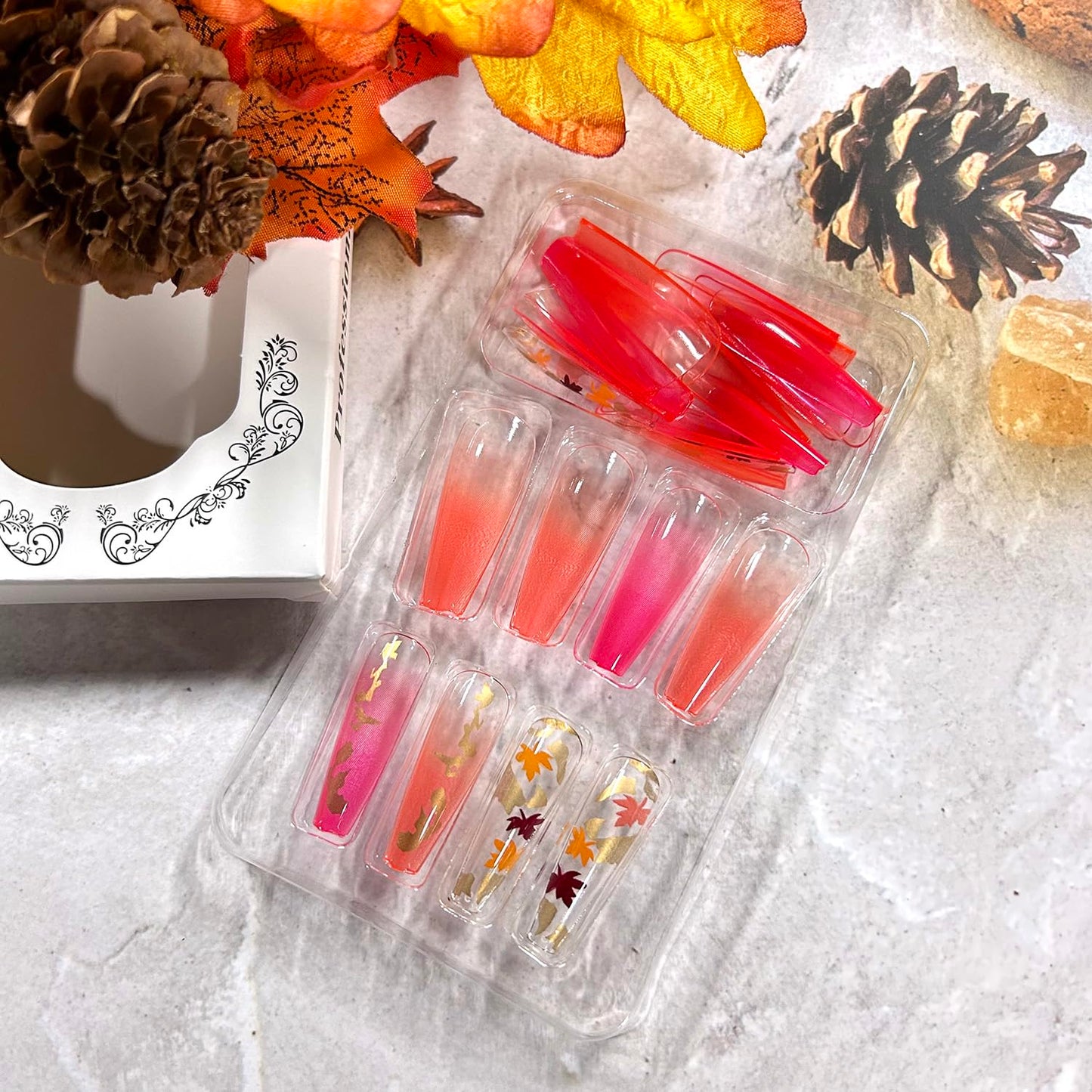 Thanksgiving Press on Nails Long Ballet Shaped Maple Leaf Sequins Design Fall False Nail Full Cover Glossy Gradient Stick on Nail Acrylic Artificial Fingernails Festival Glue on Nails for Women