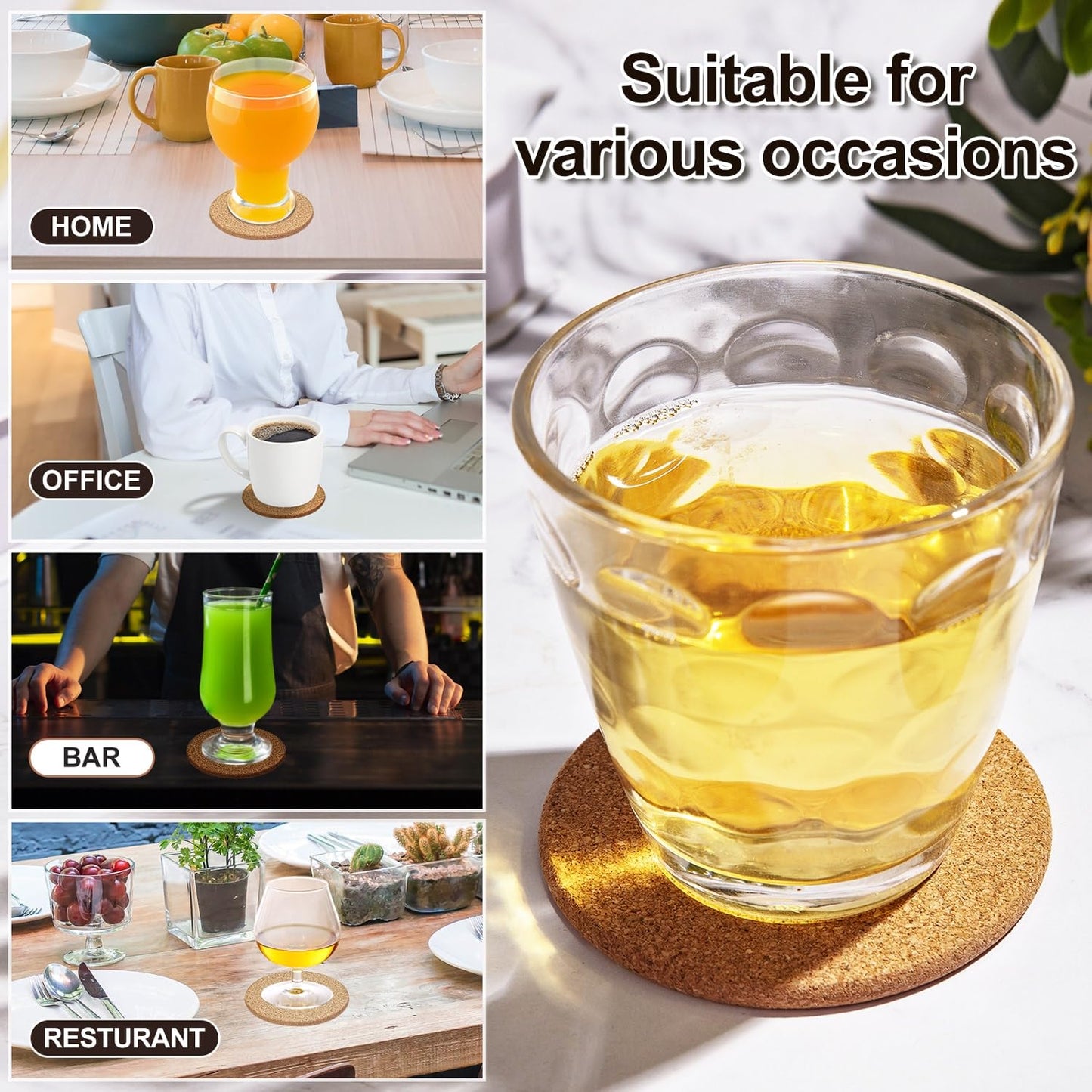Cork Coasters Bulk for Drinks, 40Pcs Reusable Round Edge Coasters, 3.5 Inches Thick Absorbent Heat Resistant Drink Coaster for Bar Holiday Wedding Birthday Supplies Party Decor