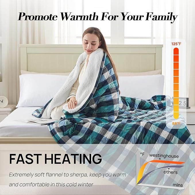 Westinghouse Electric Blanket Queen Size, Soft Flannel to Sherpa Heated Blanket with Dual Control 10 Heating Levels & 1 to 12 Hours Auto-Off, Machine Washable, Fast Heating, 84 * 90 Inch, Green