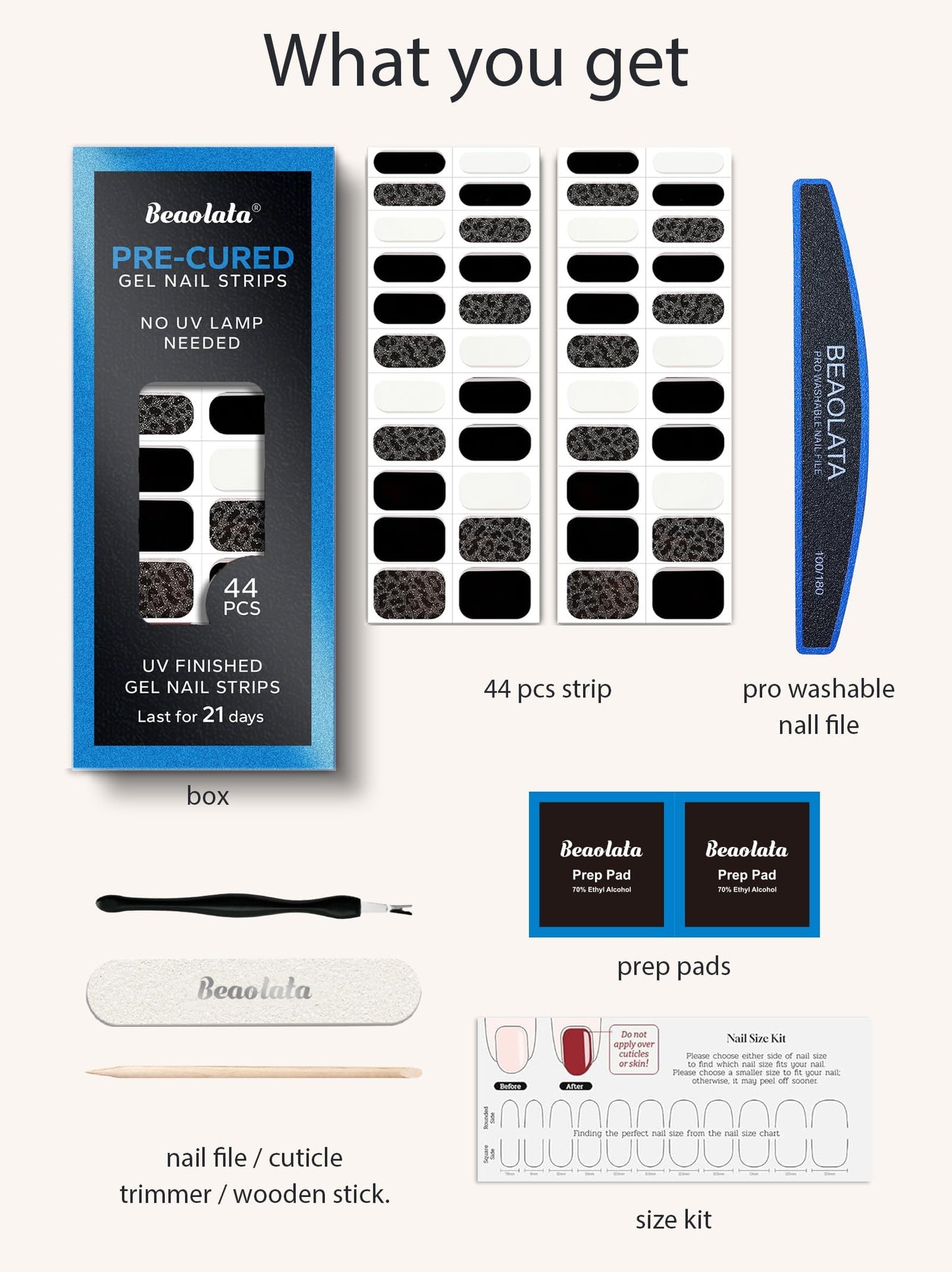 Beaolata Real Gel Nail Strips (No UV Light Needed) - 44Pcs Salon Quality Nail Stickers - Long Lasting Polish Wraps for Women, Easy Apply & Remove (Urban Black)