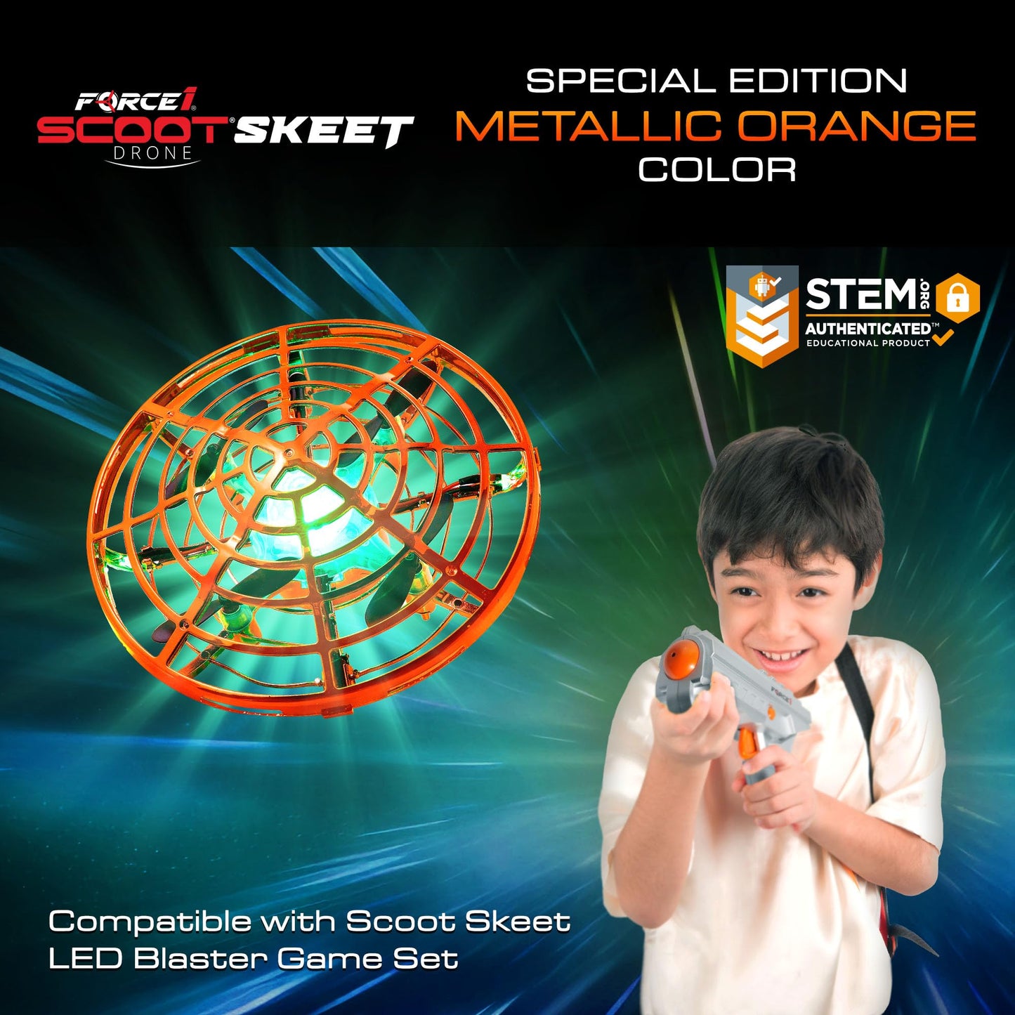 Force1 Scoot Skeet Mini Drone Electronic Shooting Game for Kids (Drone Only)- Hand Drones for Kids Compatible with Scoot Skeet LED Blaster, Electronic Target Game Indoor Flying Ball Drone Toy (Orange)