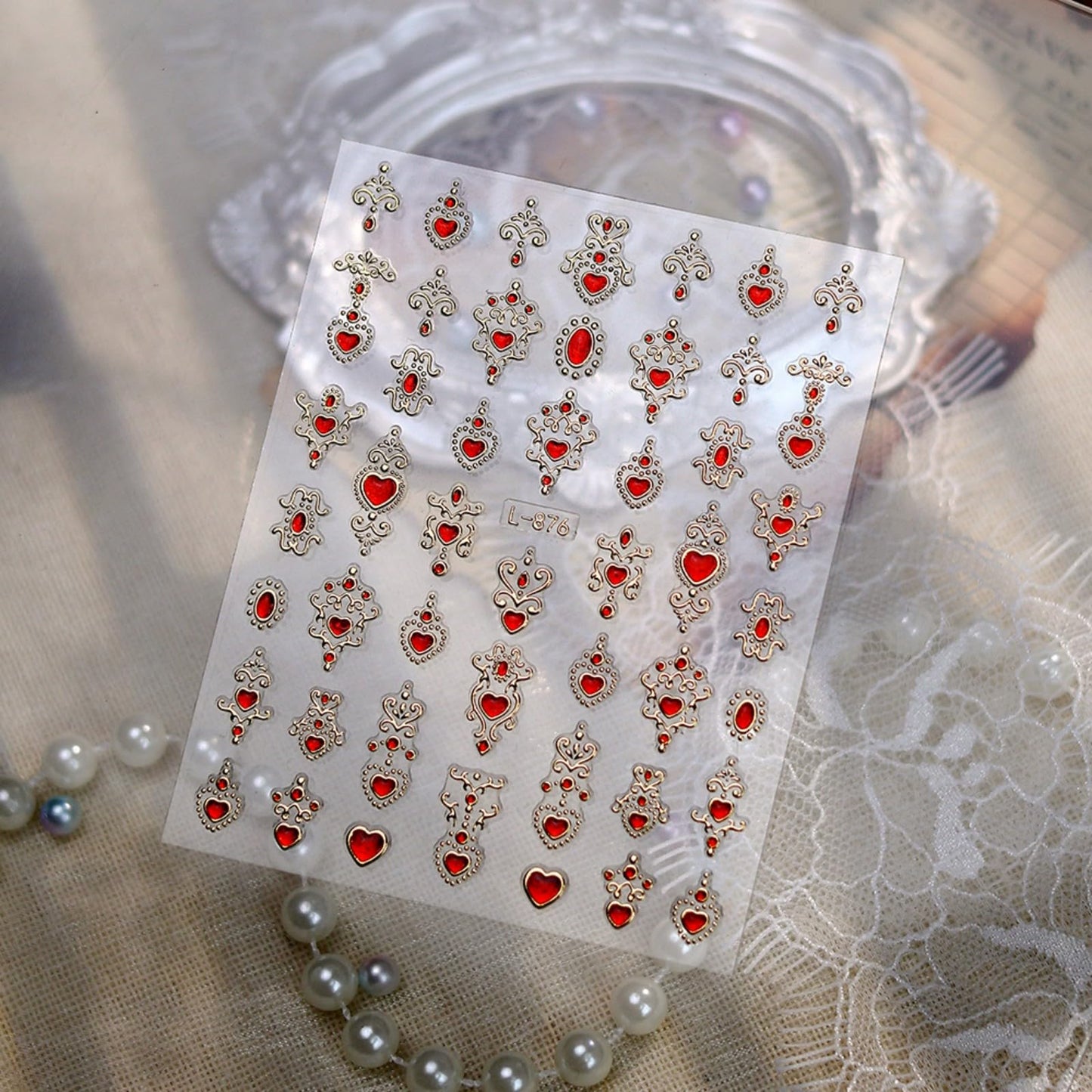 Gem Pattern Nail Art Stickers, 3D Embossed Retro Nail Decals, Self Adhesive Baroque Nails Decoration Supplies for Women Nails Design(Red Gem-6 Sheets)