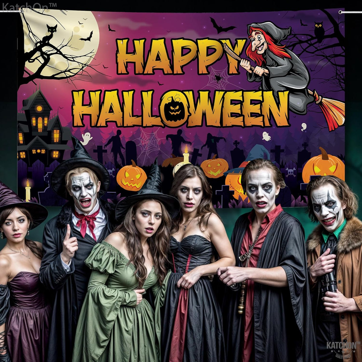 KatchOn Spooky Happy Halloween Banner - XtraLarge, 72x44 Inch | Pumpkin Halloween Backdrop for Purple & Orange Decorations | Witch Backdrop for Party Decorations