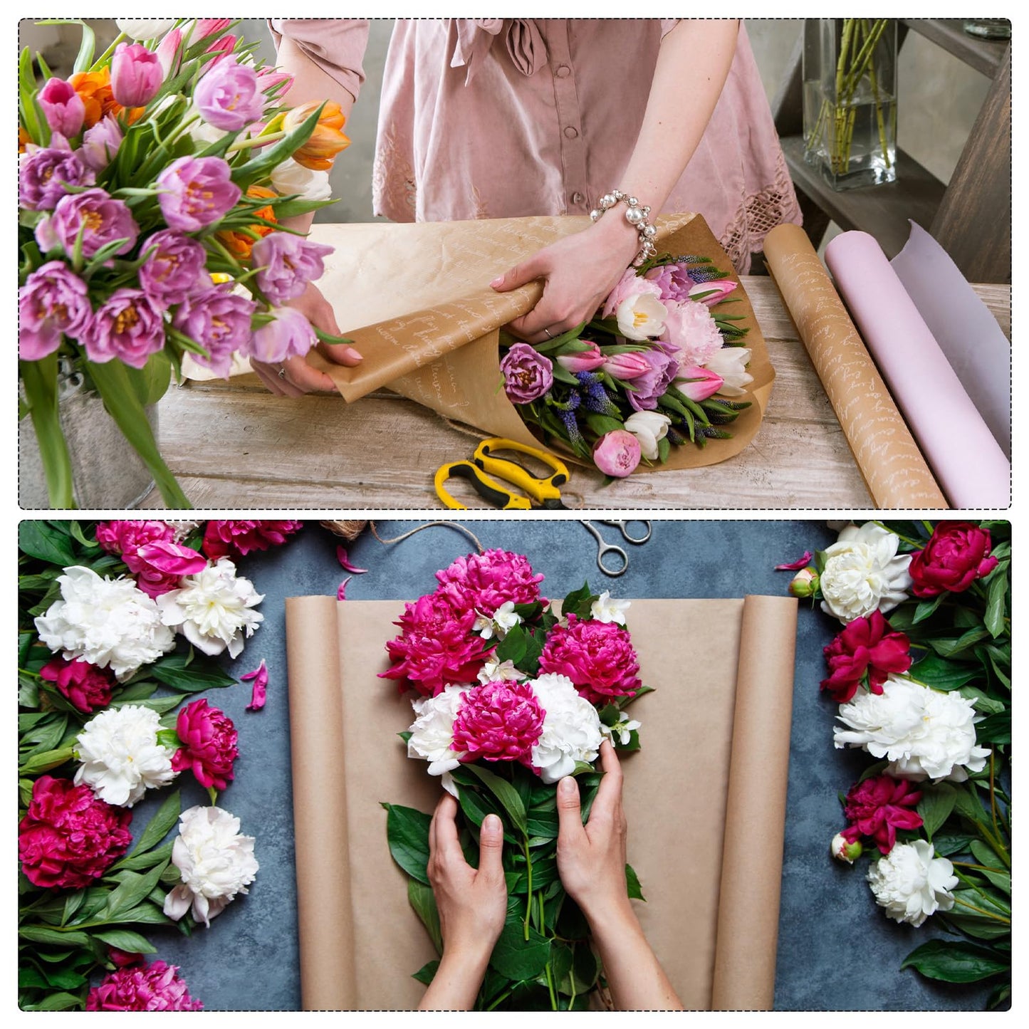 MECCANIXITY Flower Wrapping Paper Waterproof Floral Wrap Plaid Cream Pink Gift Packaging 22.8 x 22.8 Inch Used for DIY Crafts Bouquet Packaging 20 Pcs