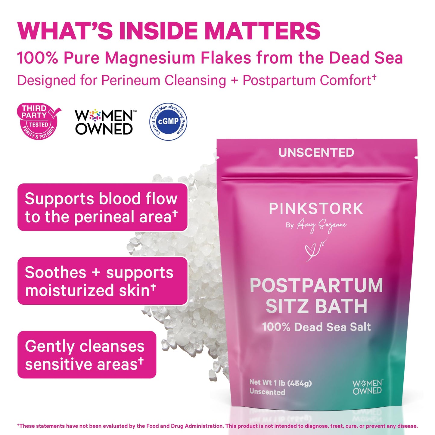 Pink Stork Postpartum Sitz Bath Soak: Dead Sea Salt for Perineal Care & Cleansing, Postpartum Recovery, Labor and Delivery Essentials, Women-Owned, Unscented, 16 oz