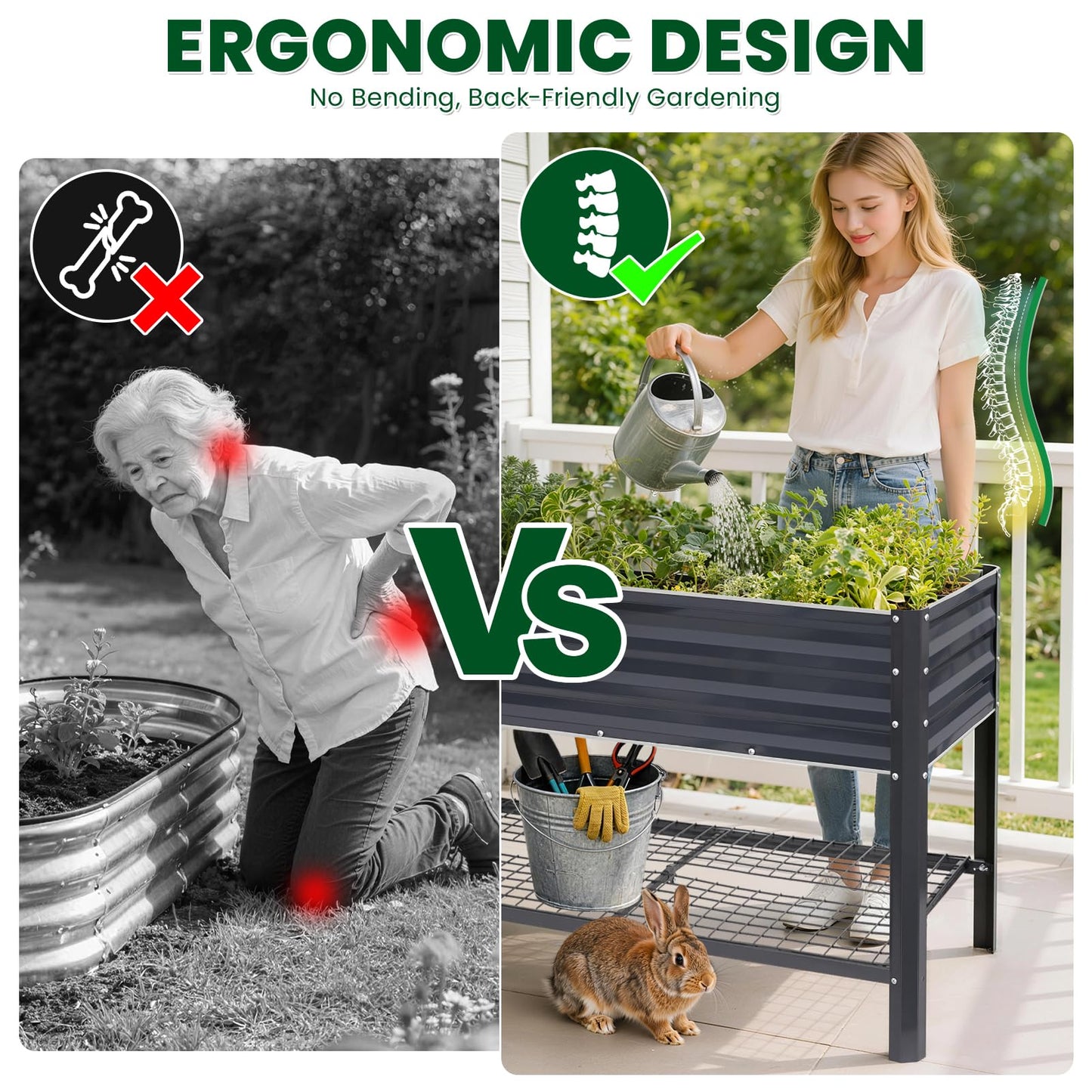 1MORE Elevated Raised Garden Bed with Legs & Storage Rack, 48×24×32in Large Metal Raised Bed for Backyard, Patio. Raised Planter Box with Drainage Holes for Plants Vegetables Flowers Fruits(Grey-1pcs)