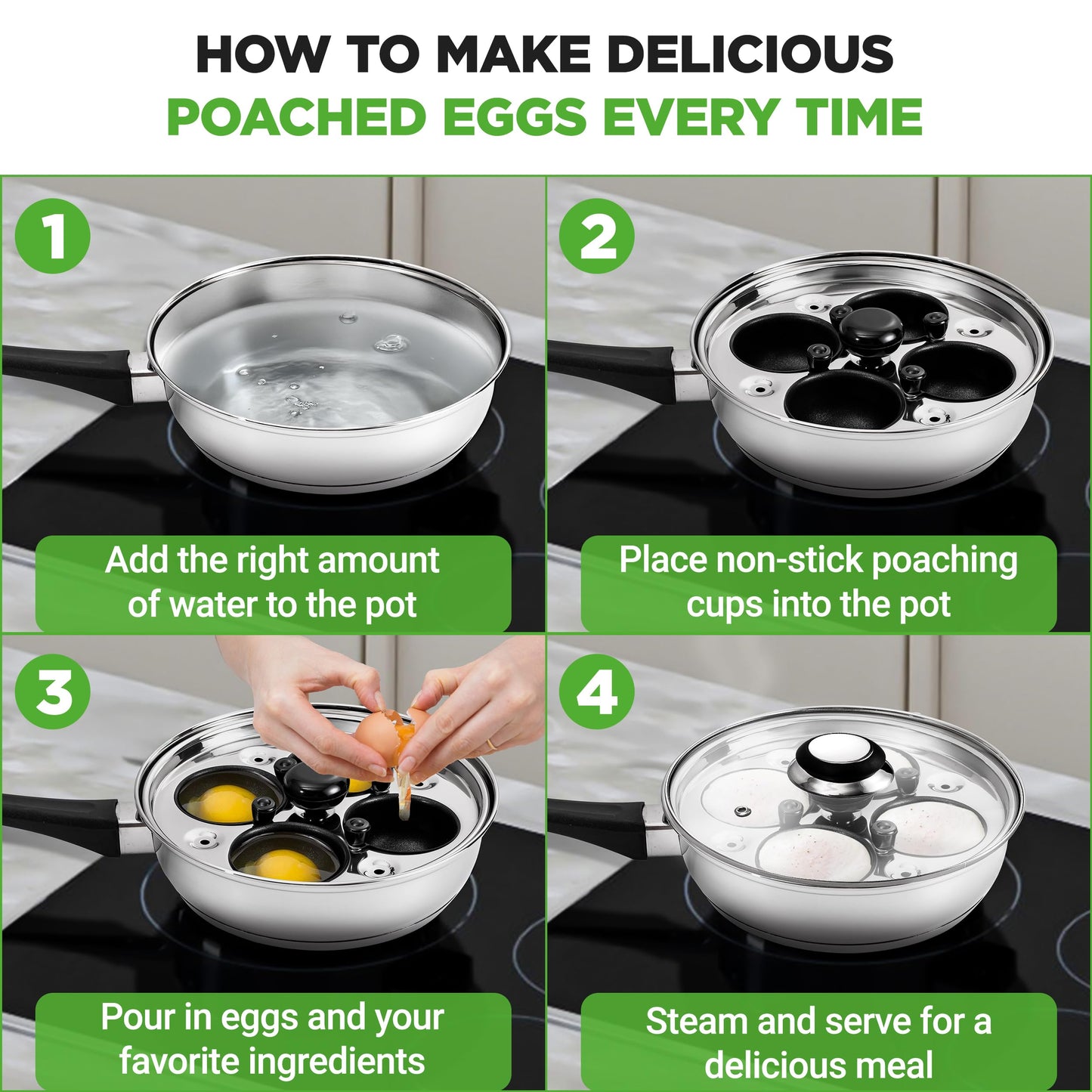 NutriChef Egg Poacher Pan Set - 7.87” Stainless Steel Poached Egg Cooker with 4 Non-Stick Poaching Cups, Glass Lid, Timer, Oven Mitt, and Spatula for Perfect Poached Eggs, Induction Compatible, Silver