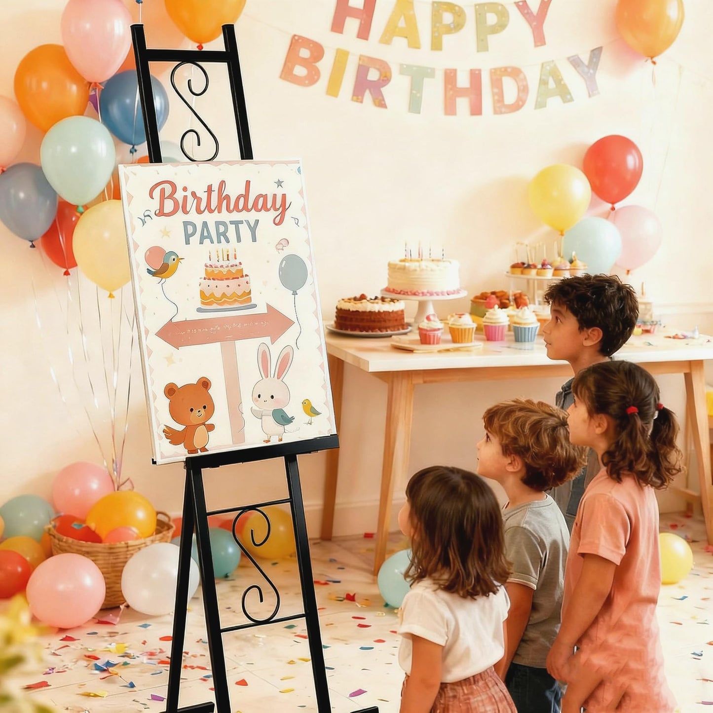 2 Pack Easel Stand for Sign, Metal Easels with Chain Support, Adjustable Free Standing Painting Rack for Display, Poster Picture, Wedding Sign,17" x 17" x 58", Black