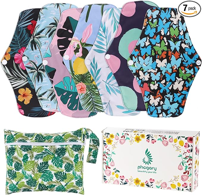 PHOGARY Reusable Menstrual Pads - Bamboo Cloth for Heavy Flow With Wet Bag, Large Sanitary Set With Wings for Women, Washable Overnight Cloth Panty Liners (7 in 1, Style F)