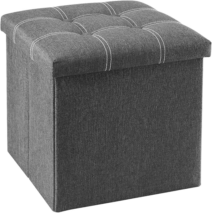 YOUDENOVA 15 inches Storage Ottoman Cube, Foldable Storage Boxes, Padded Seat for Dorm Living Room, Support 300lbs, Line Fabric Grey