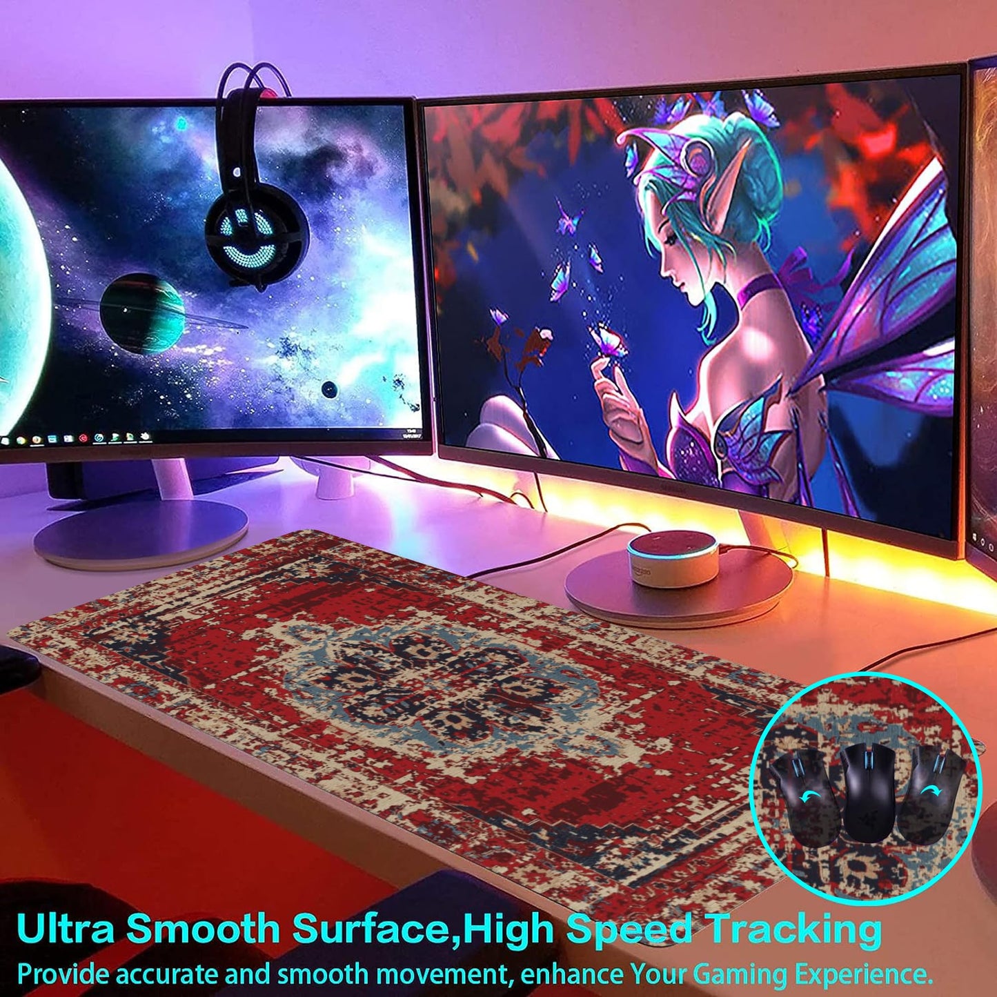 Desk Mat,Boho Carpet Style Large Gaming Mouse Pad for Desk XXL,Bohemian Rug Desk Pad,Extended Big Computer Keyboard Mouse Pad with Non-Slip Base and Stitched Edges 35.4"x15.7"