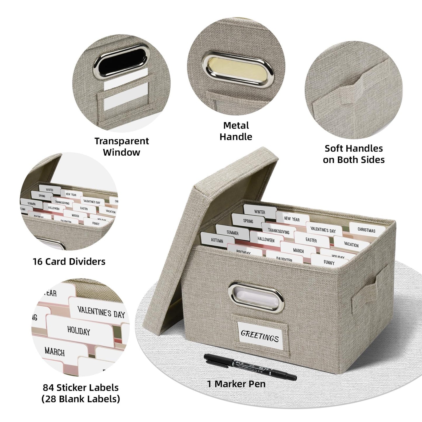 Hiwhy Greeting Card Storage Box, Linen Storage Box with 16 Adjustable Dividers, 84 Labels, 1 Marker Pen, Perfect for Organizing Greeting Cards, Envelopes, Photos 1 Pack Beige