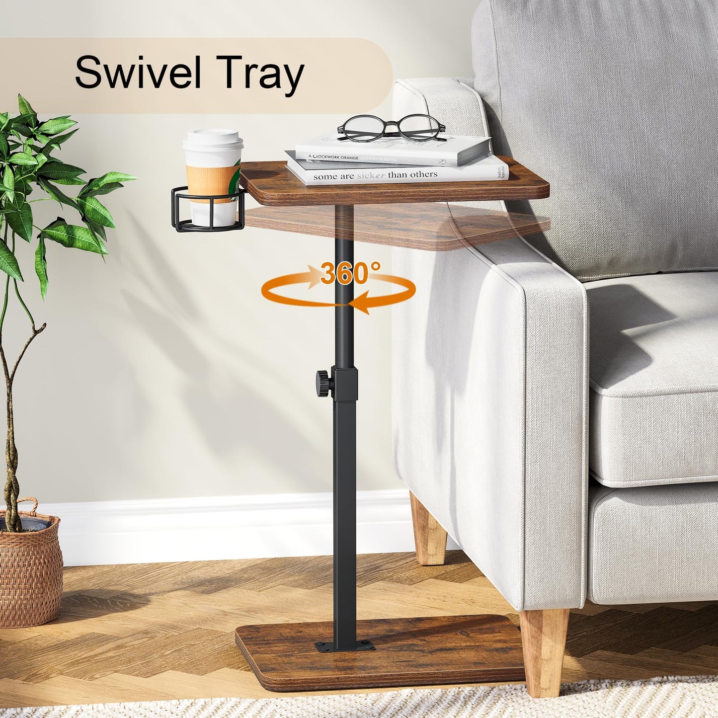 Giikin TV Tray Table, 360° Swivel Height Adjustable TV Trays for Eating on Couch,Sofa Armrest Side Table for Small Spaces Sofa Bed Dinner, Rustic Brown