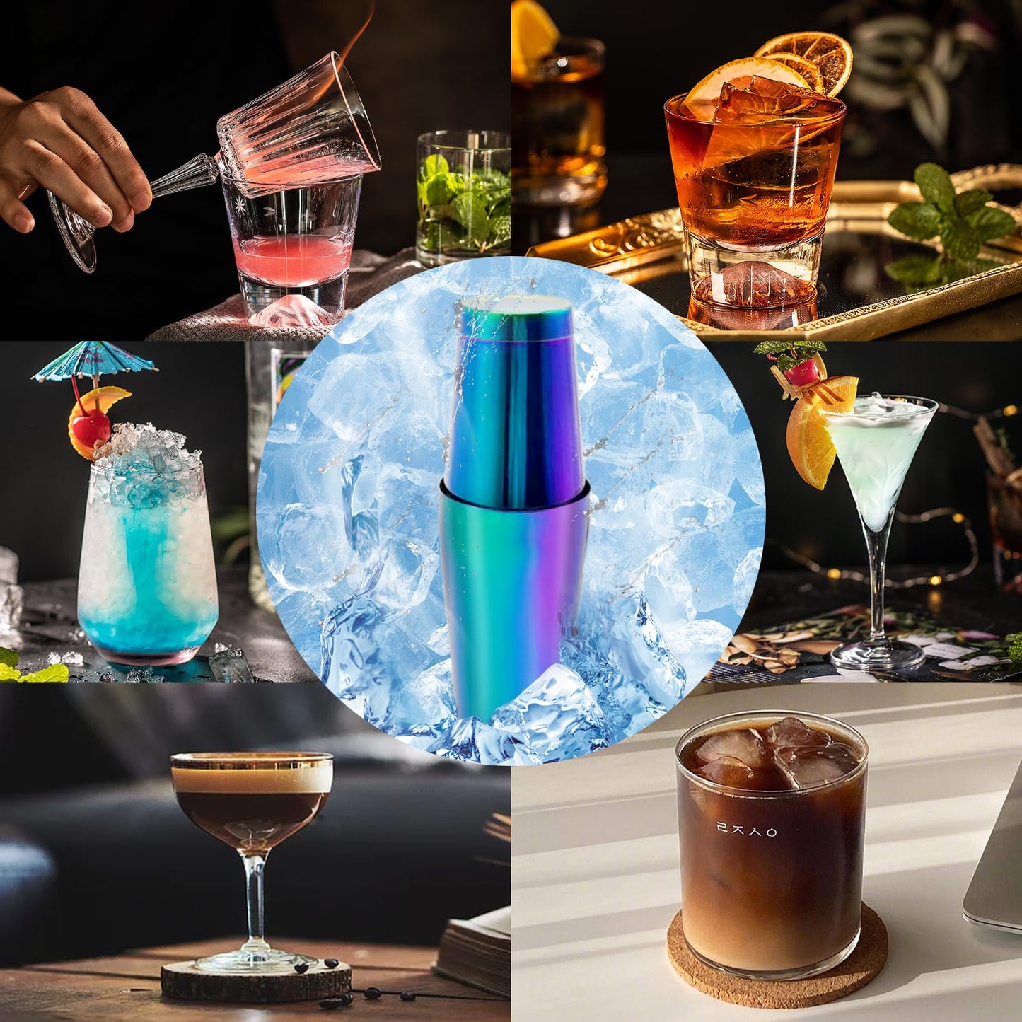Safring Boston Cocktail Shaker Bar Set, Weighted Boston Shaker Tins, Bartender Kit with 18oz & 28oz Mixed Drink Shaker, Hawthorne Strainer, Double Measuring Jigger - Rainbow