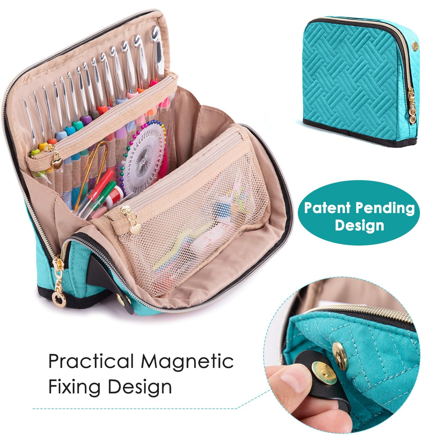 MYBAGZING Crochet Hook Case with 14 Size Crochet Hooks Set 2mm(B)-10mm(N) Ergonomic Crochet Hooks with Crochet Case Stand Up - Crochet Hook Organize for Crochet Lovers, Crochet Kit for Beginners