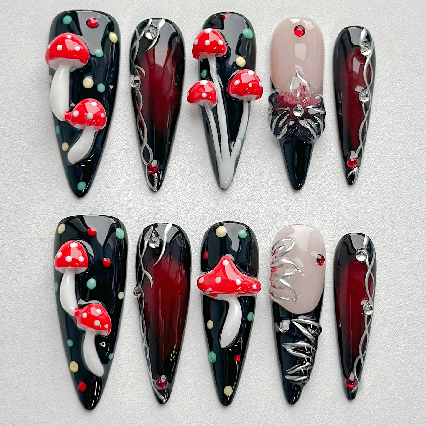 Luxury Press on Nails Long Stiletto Handmade 3D Unique Reusable ABS Material Fake Nails Black False Nails with Designs Mushroom Polka Dots Rhinestones Glossy Glue on Nail Thick Acrylic Nail(S)
