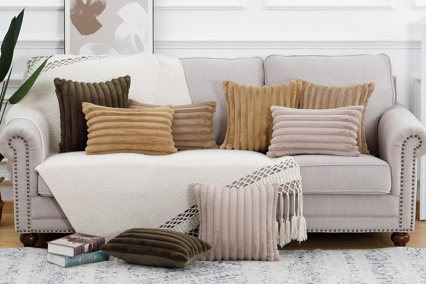 MADIZZ Set of 2 Faux Wool Plush Decorative Throw Pillow Covers 20x20 Inch Taupe Fluffy Striped Soft Decorative Cushion Cover for Sofa Bedroom Pillow Shell