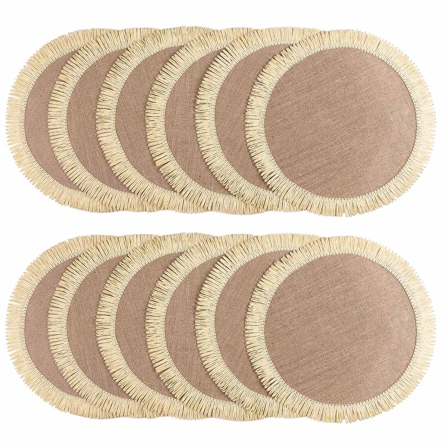 FunWheat 15 Inch Round Jute Placemats Set of 12, Braided Burlap Table Mats for Dining Table, Heat Resistant Farmhouse Woven Placemats for Fall Farmhouse Decor (Coarse-Edged Sunflower)