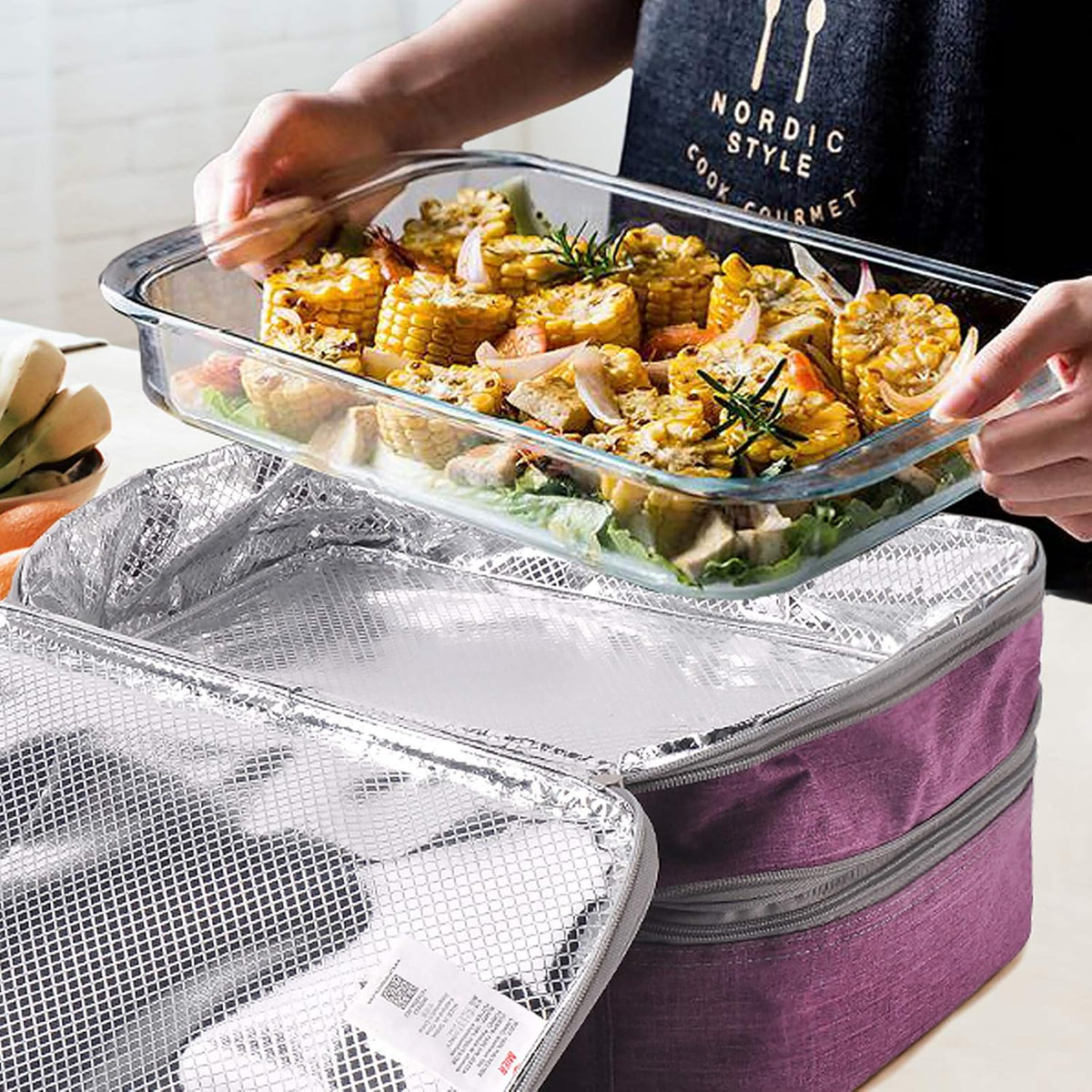 MIER Insulated Double Casserole Carrier Thermal Lunch Tote for Potluck Parties, Picnic, Beach, Fits 9 x 13 Inches Casserole Dish, Expandable by Mid Zipper, Purple