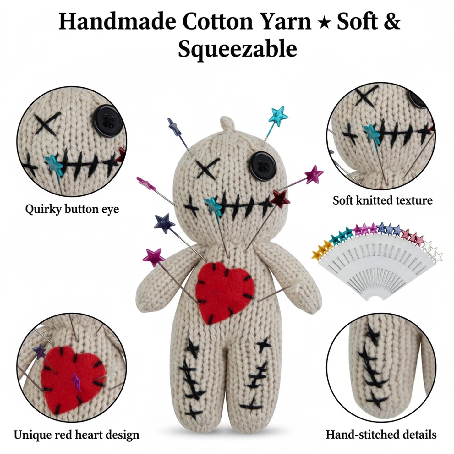 DKUUPEX Voodoo Doll with 18 Pins, Creepy Horror Plush Stress Relief Halloween Decoration & Funny Gag Gift for Friends, Office & Party for Adult