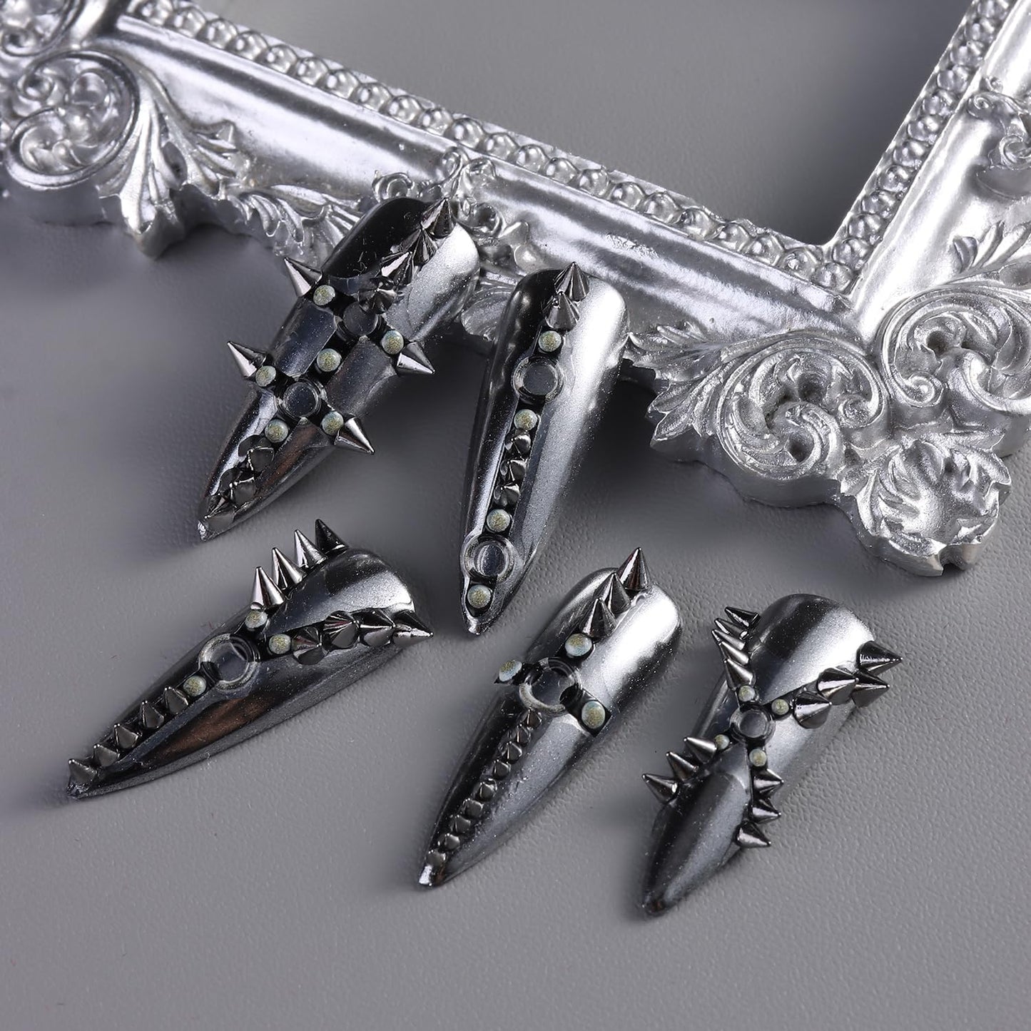 Furtherpretty Cone Spike Nail Charms Set, 3D Tiny Metal Square Pyramid Studs for Nails, Mixed Sizes Black & Silver Flat Back Punk Nail Charms, Gothic Y2K Rock Edgy DIY Manicure Decorations