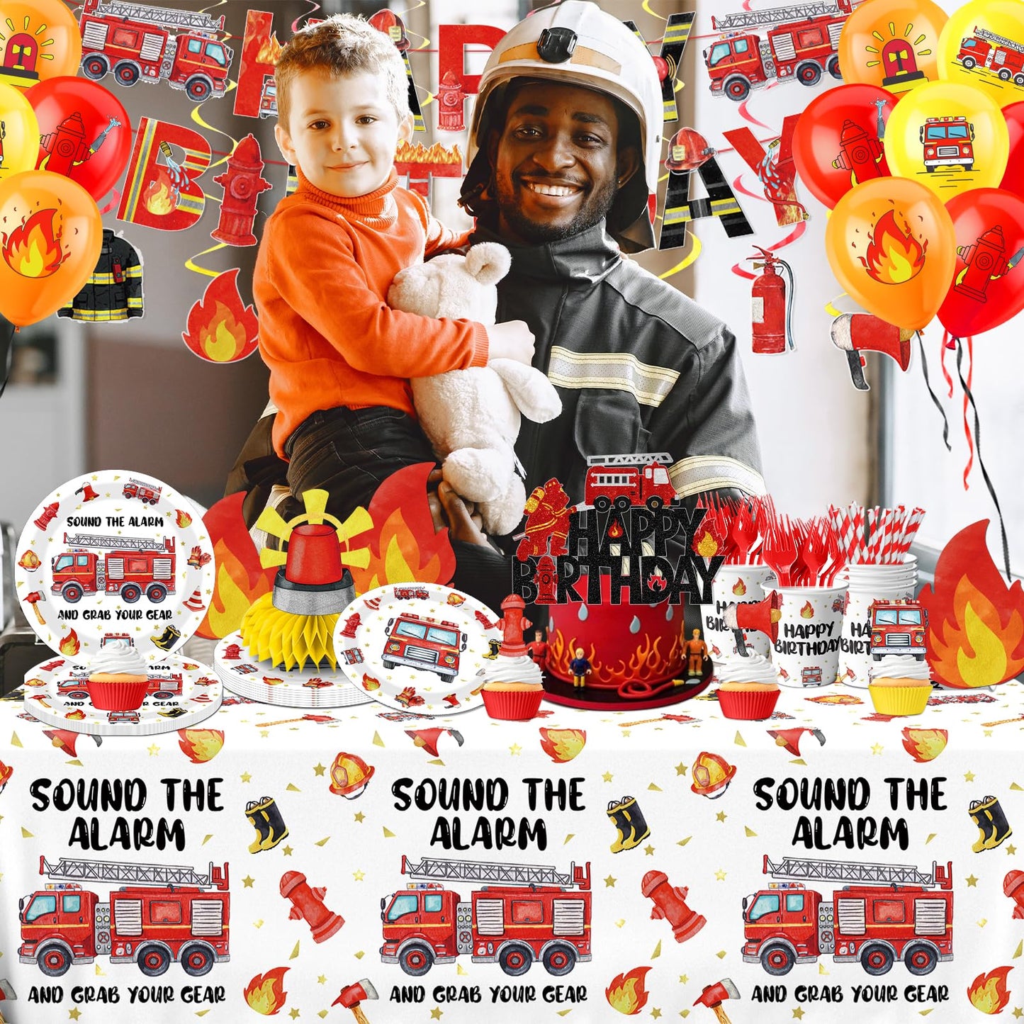 219pcs Firetruck Birthday Decorations Tableware Include Fire Truck Plates and Napkins Set, Cups, Banner, Hanging, Tablecloth, Cake Topper, Cupcake Topper for Firefighter Party Decorations Serve 24