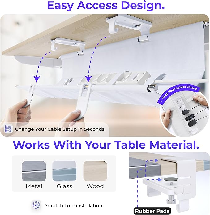 Ascrono Original No Drill Under Desk Cable Management Tray 53.9" - Premium White Fabric Cable Management Under Desk - Clamp/Screw Mount Cord Organizer - Supports Upto 66lbs - Extra Large