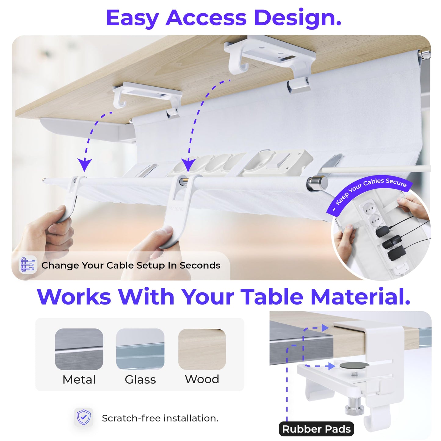 Ascrono Original No Drill Under Desk Cable Management Tray 27.3" - Premium White Fabric Cable Management Under Desk - Clamp/Screw Mount Cord Organizer - Supports Upto 66lbs