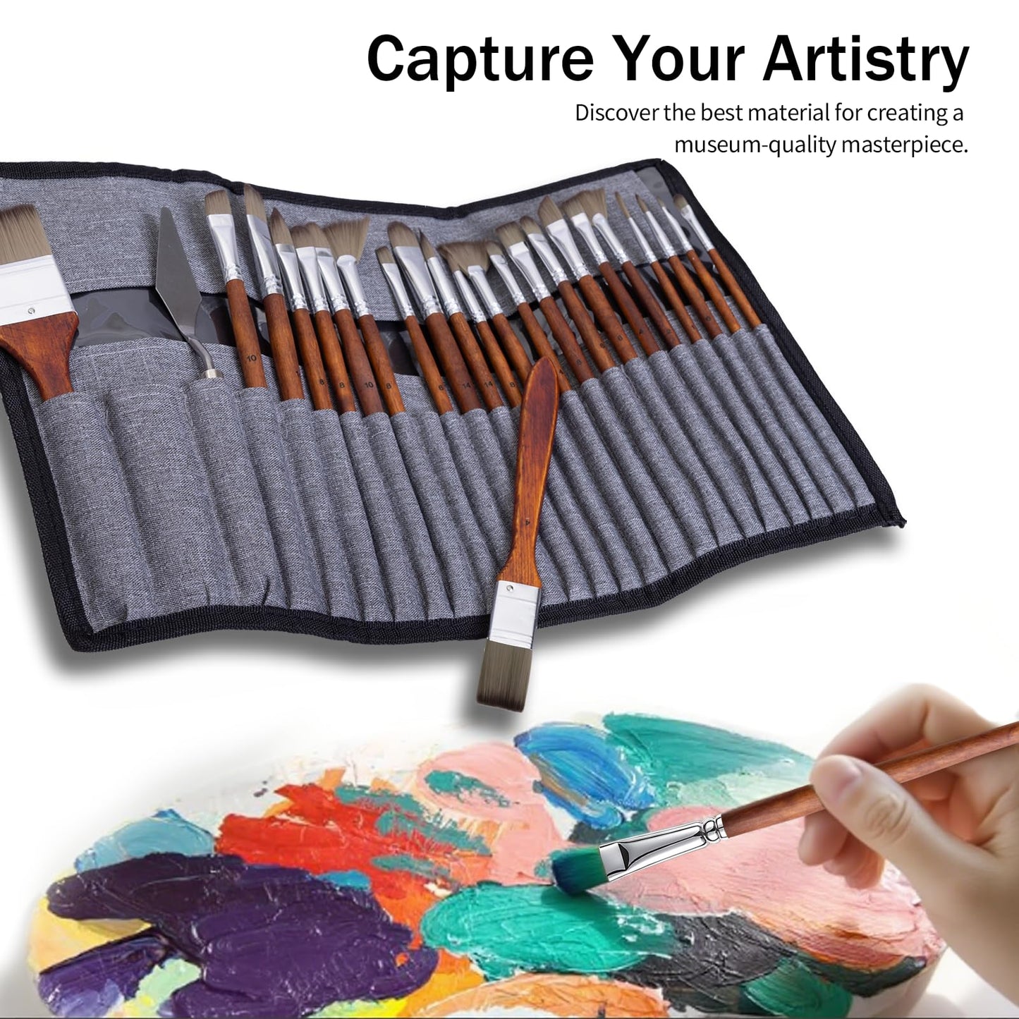 Paint Brush Set, Professional Paintbrushes with Palette Knife and Cloth Roll, Suitable for Beginners, Artists, Gouache, Oil, Face Painting(25pcs)