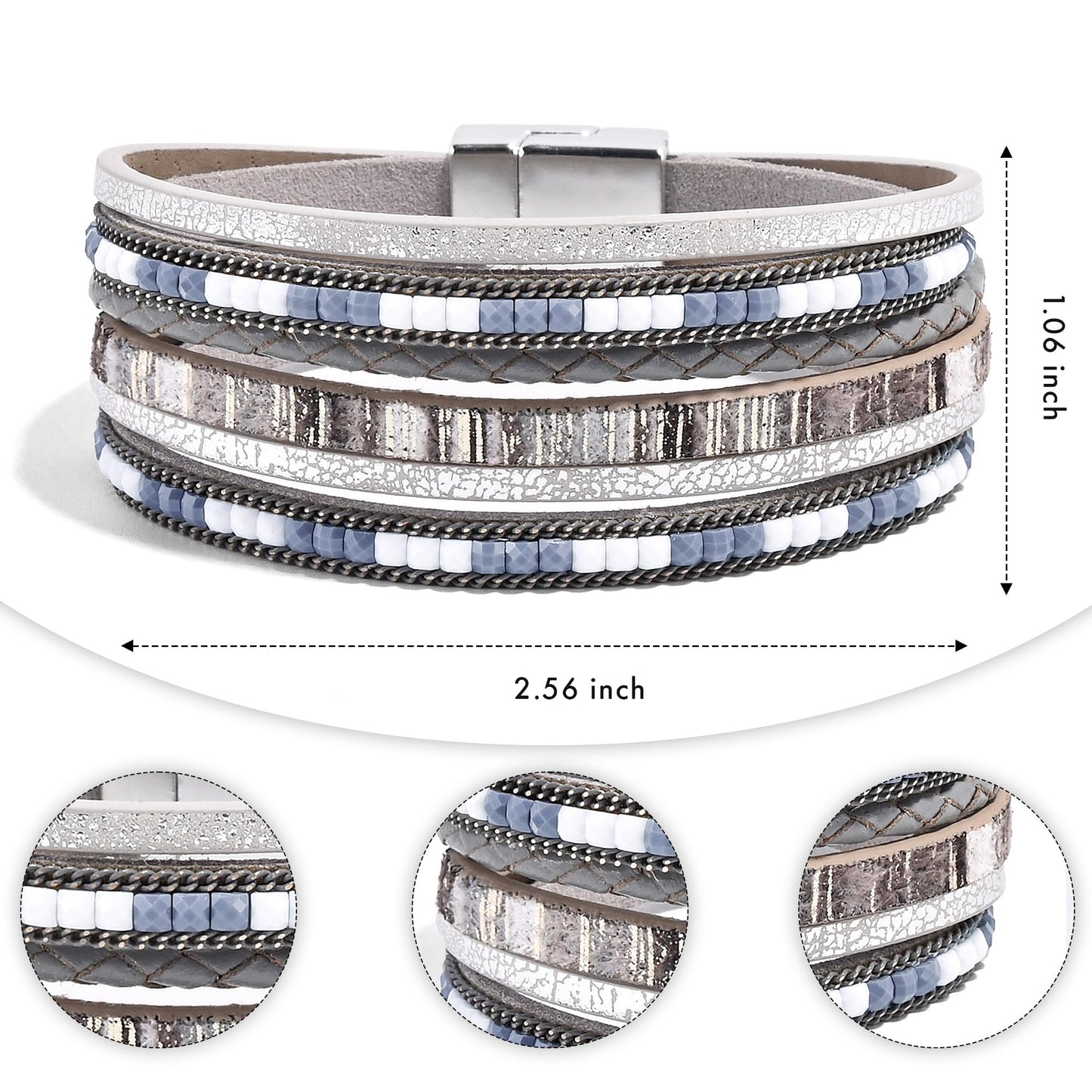 VIBILIA Boho Leather Wrap Bracelets for Women Trendy Layered Multi-Layer Bracelets with Strong Clasp Jewelry for Women-Gray