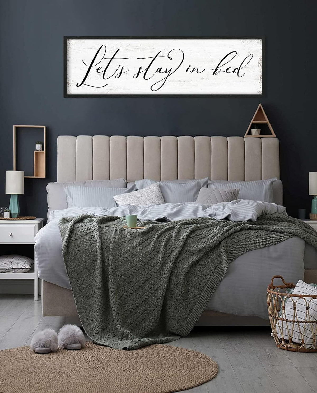Let's Stay in Bed Sign: Rustic Bedroom Signs Wall Decor Above Bed Framed Modern Farmhouse Family Wall Signs Hanging Plaques Inspirational Quotes Master Bedroom Wall Art 12 x 40 Inch