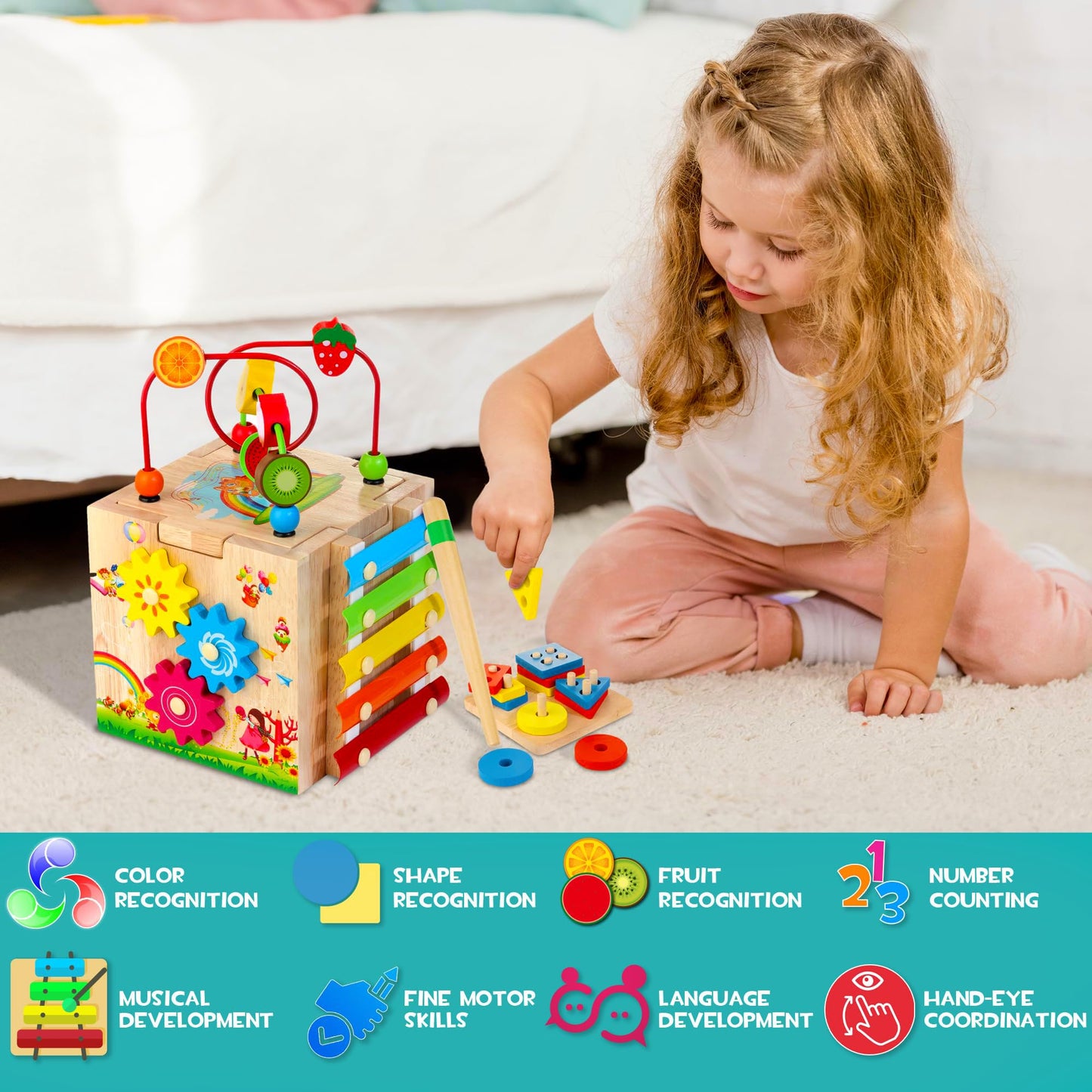 HELLOWOOD Wooden Activity Cube, 8-in-1 Montessori Baby Toys for 1+ Year Old Boys & Girls, Educational Learning Toys for Toddlers Age 1-2, 1st Birthday Gift | Bonus Sorting & Stacking Board