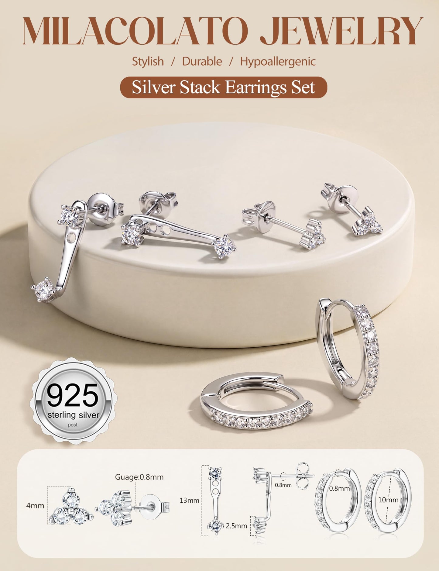 MILACOLATO 3 Pairs 925 Sterling Silver Earrings Set for Women Dainty Sterling Silver Filled Stud Huggie Small Hoop Earrings Stacks for Sensitive Ears Hypoallergenic Earring Sets for Multiple Piercing WG 3CZ