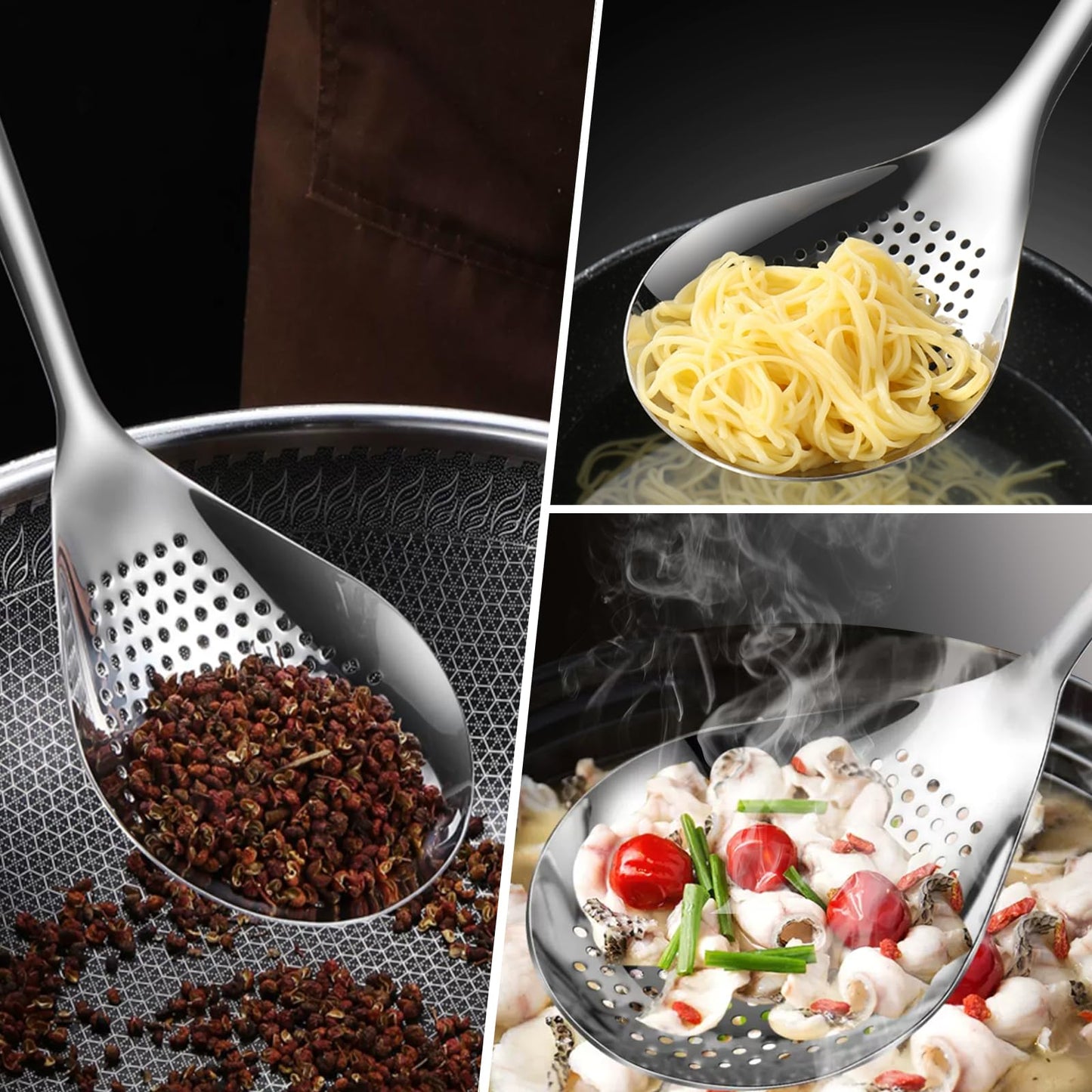 KAYCROWN Skimmer Slotted Spoon, 2 Pack Stainless Steel Pasta Spider Strainer Ladle for Frying and Cooking, Frying Strainer Spoon, Kitchen Cooking Skimmer Colander