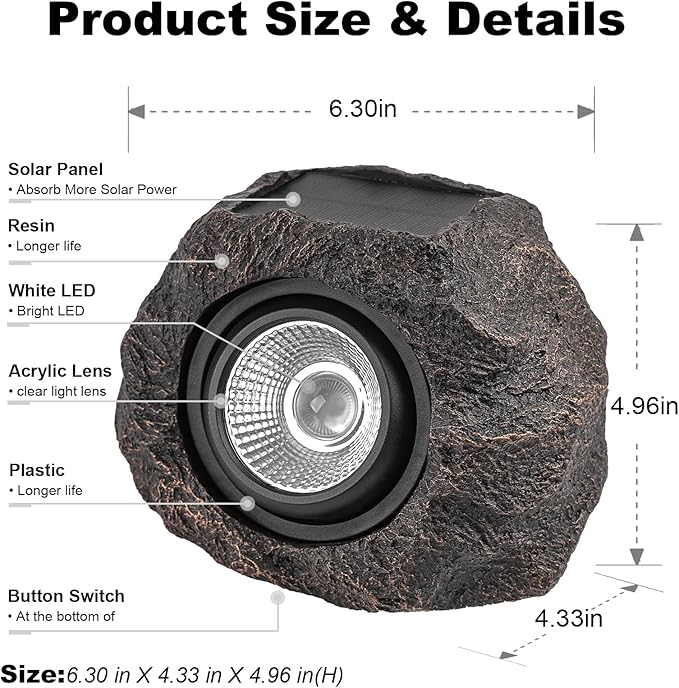 Solar Rock Lights Outdoor Garden Waterproof - Super Bright LED Solar Spotlights, Solar Powered Landscape Path Decorative Garden Stone Lights for Pathway, Walkway, Yard, Patio (2 Pack)