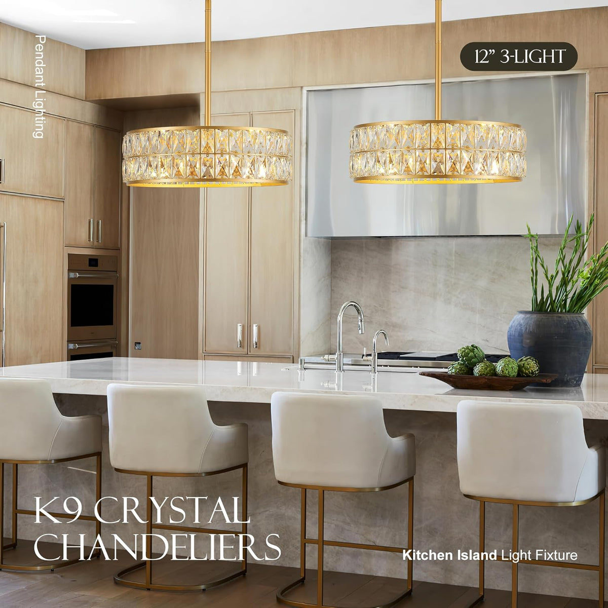 16” 4-Light Modern Crystal Chandeliers Gold Dinning Room Light Fixture, Round Pendant Light Kitchen Island Chandelier, Flush Mount Ceiling Light for Living Room Entryway Bedroom Foyer