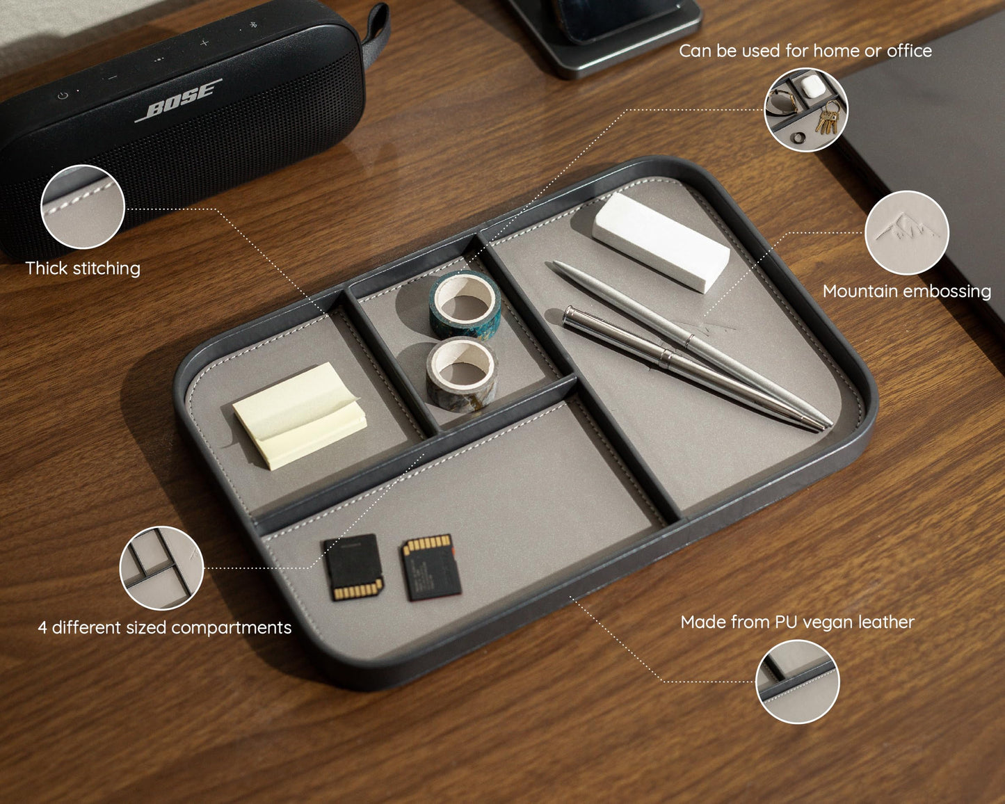MUUJEE Leather Catchall Multitray (Design 2) - 11.65 x 7.75 x 0.8, Mountain Design Embossed Minimalist Wallet Tray for Men, Thoughtful Husband Gift, Desk EDC Organizer for Watch Keys Glasses, Gray